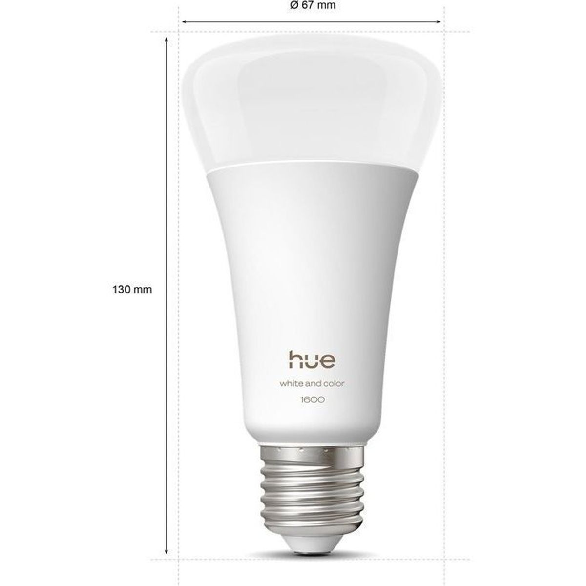 Bombilla blanca Hue, 67mm ancho, 130mm alto. Blanco y color, 1600 lúmenes.