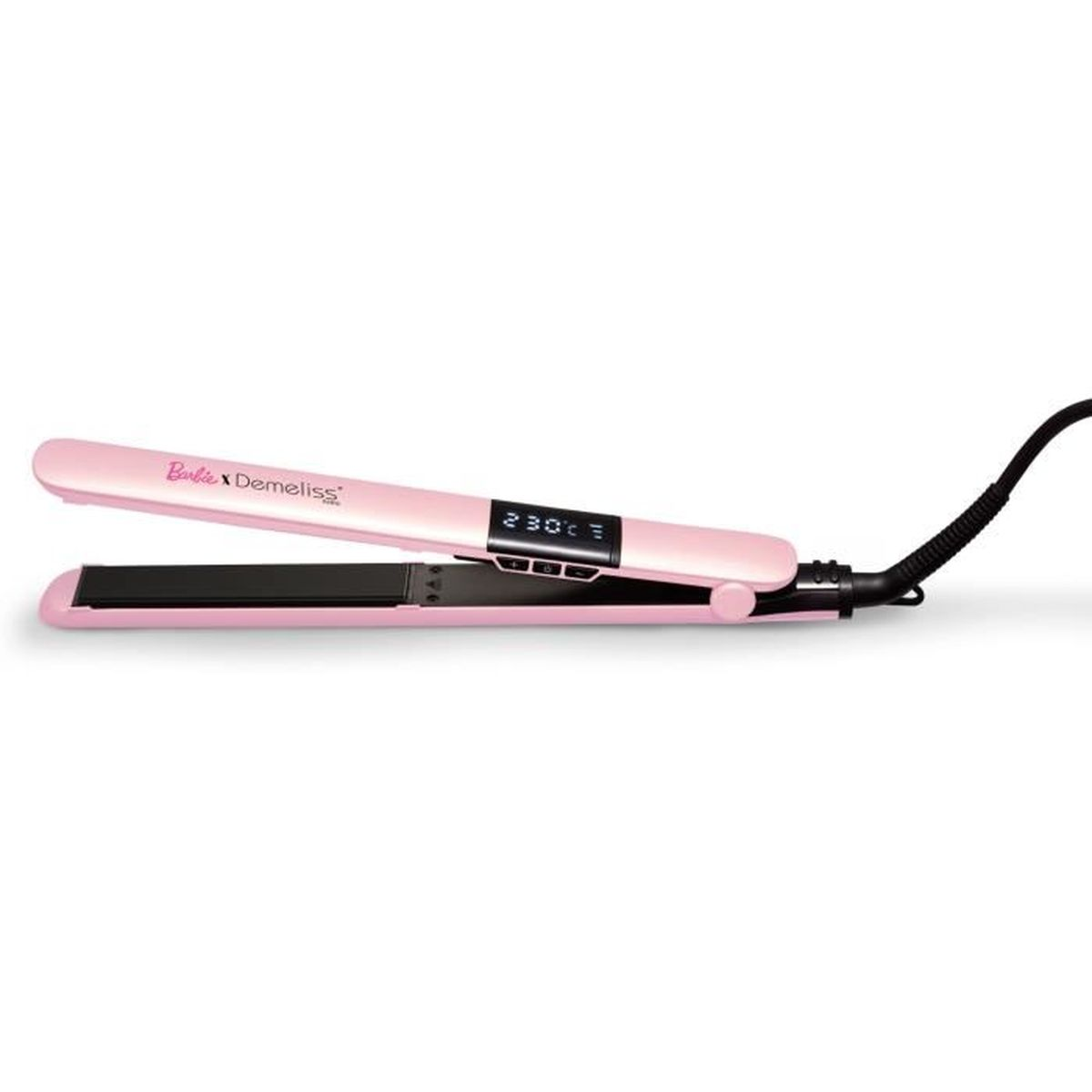 Una piastra per capelli rosa con logo Barbie e Demeliss e display digitale della temperatura.