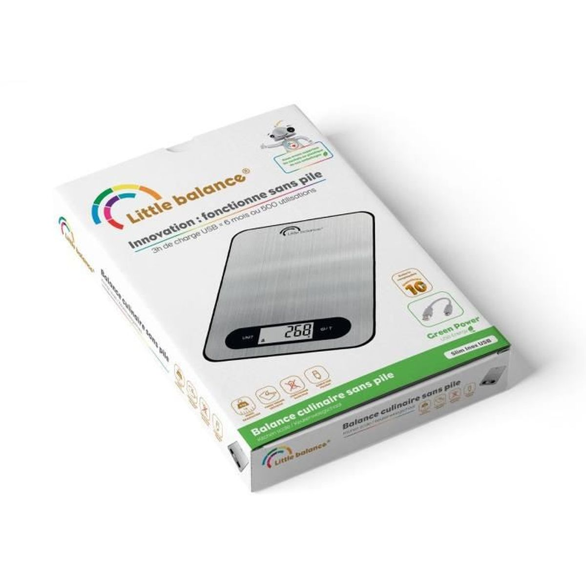 Verpackung einer digitalen Küchenwaage mit silberner Oberfläche und LCD-Anzeige.