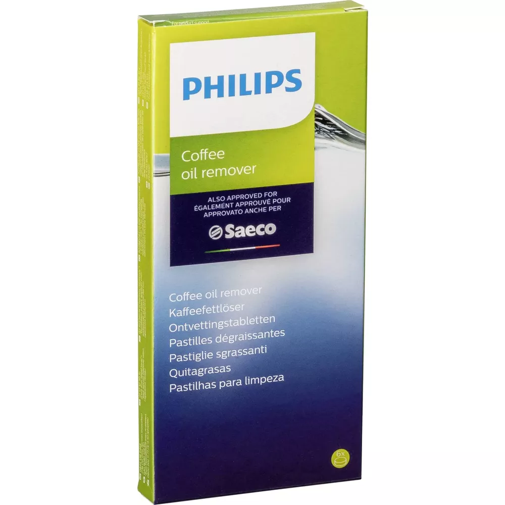 Embalaje de desengrasante para café Philips con logo Saeco. Texto multilingüe.