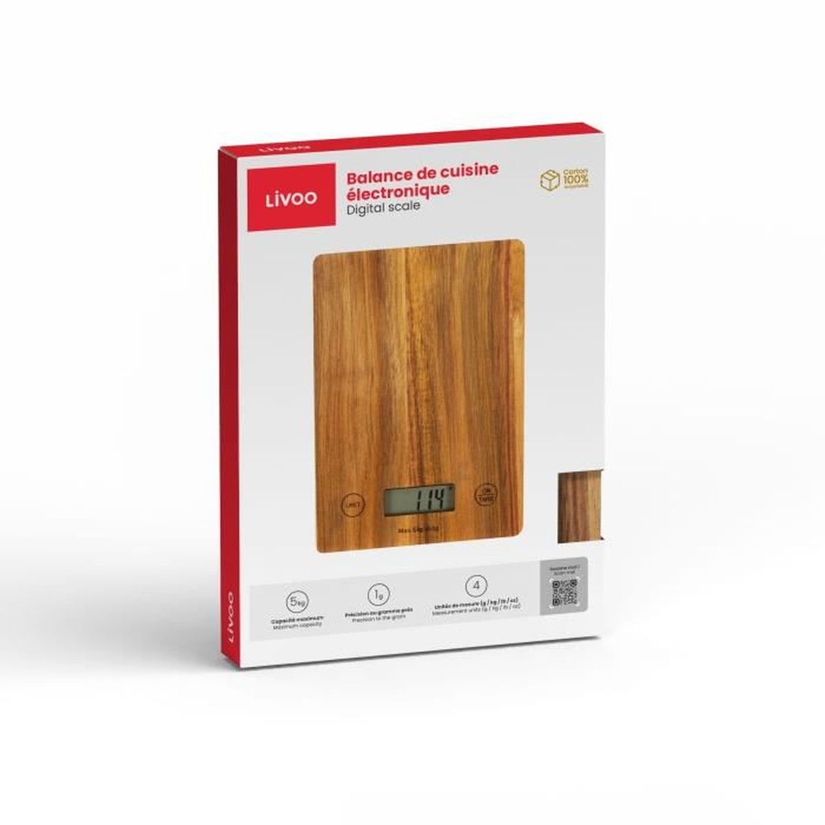 Una bilancia da cucina digitale con superficie in legno e display.