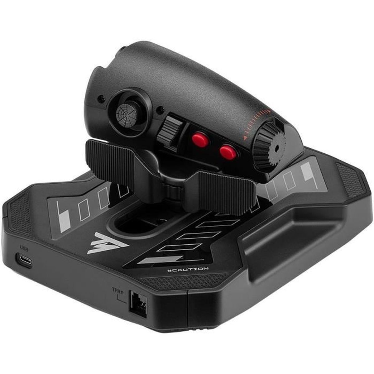 Black flight simulator joystick with red buttons and pedals on a base.
