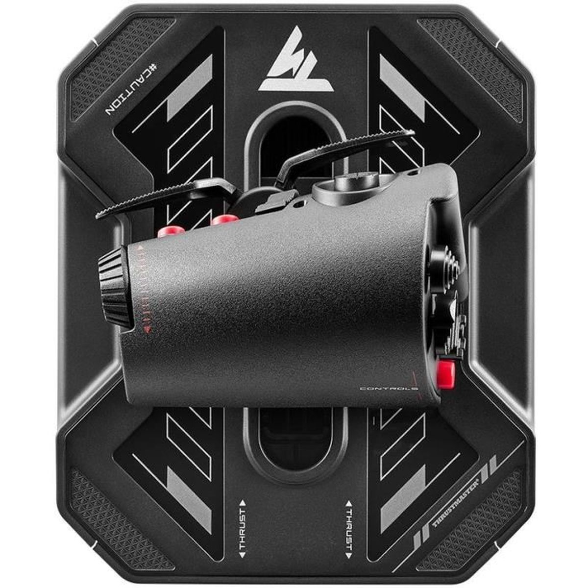 Black flight simulator throttle with red buttons on an octagonal base.