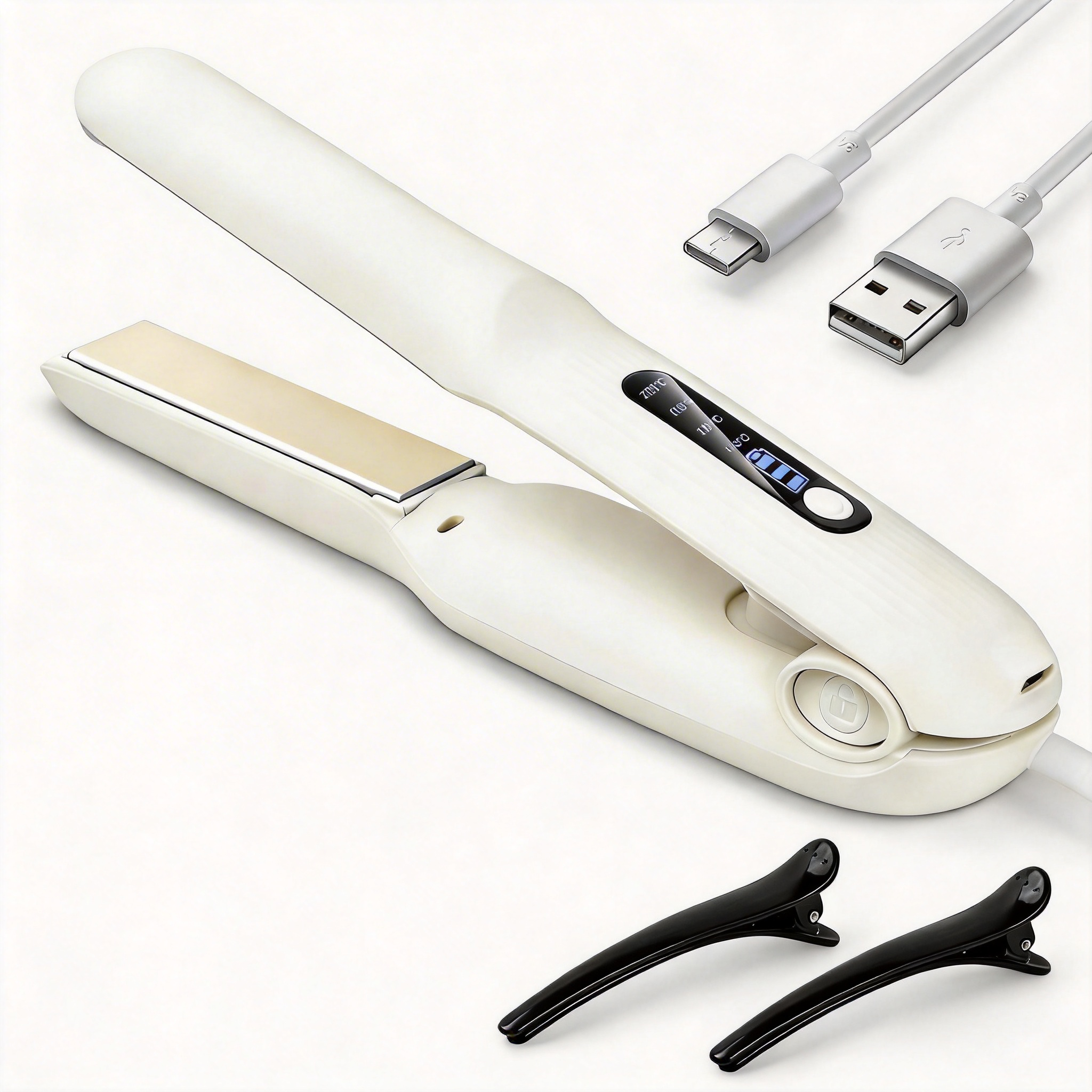 Ein weißer Glätteisen mit USB-Kabel und zwei schwarzen Haarspangen.