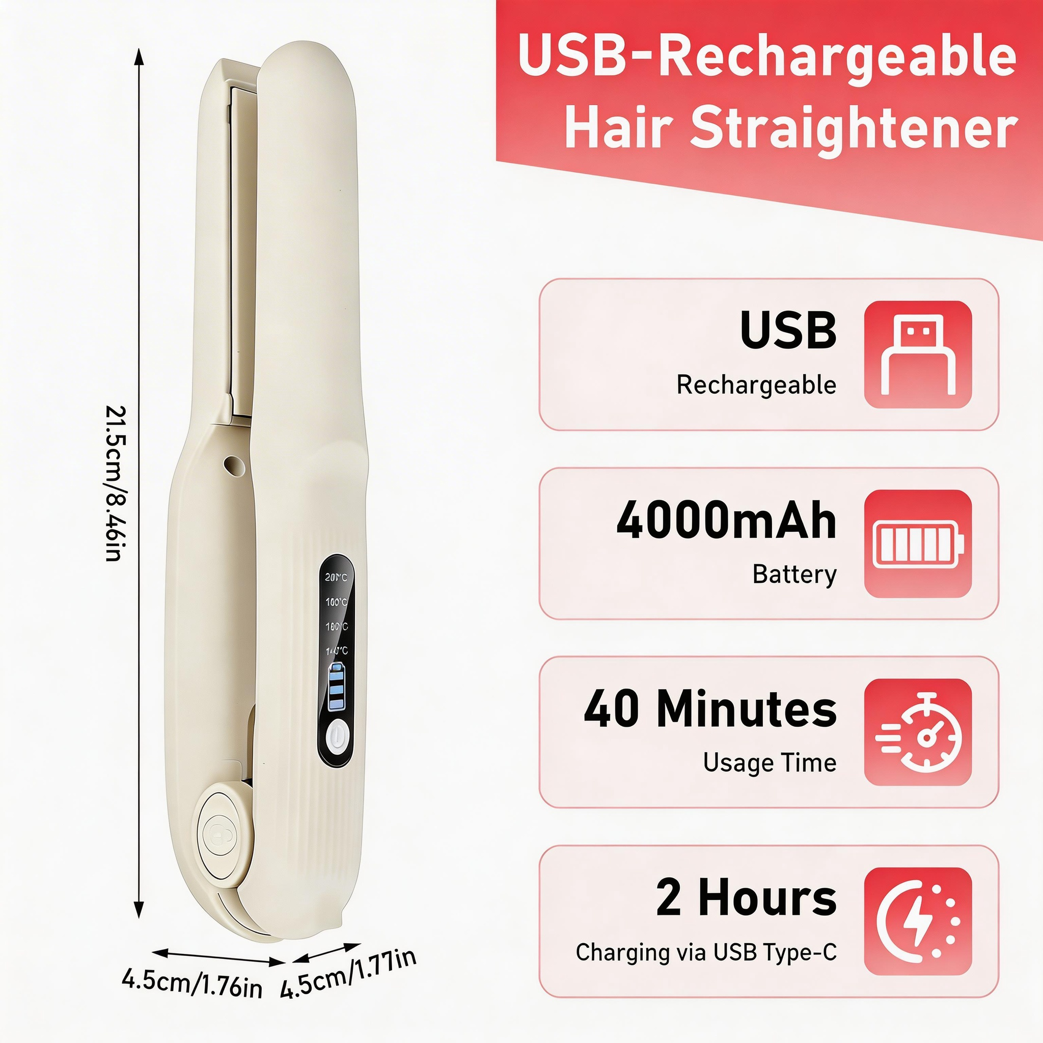 Ein cremefarbener USB-Haarglätter mit Maßen und Ladeinformationen.