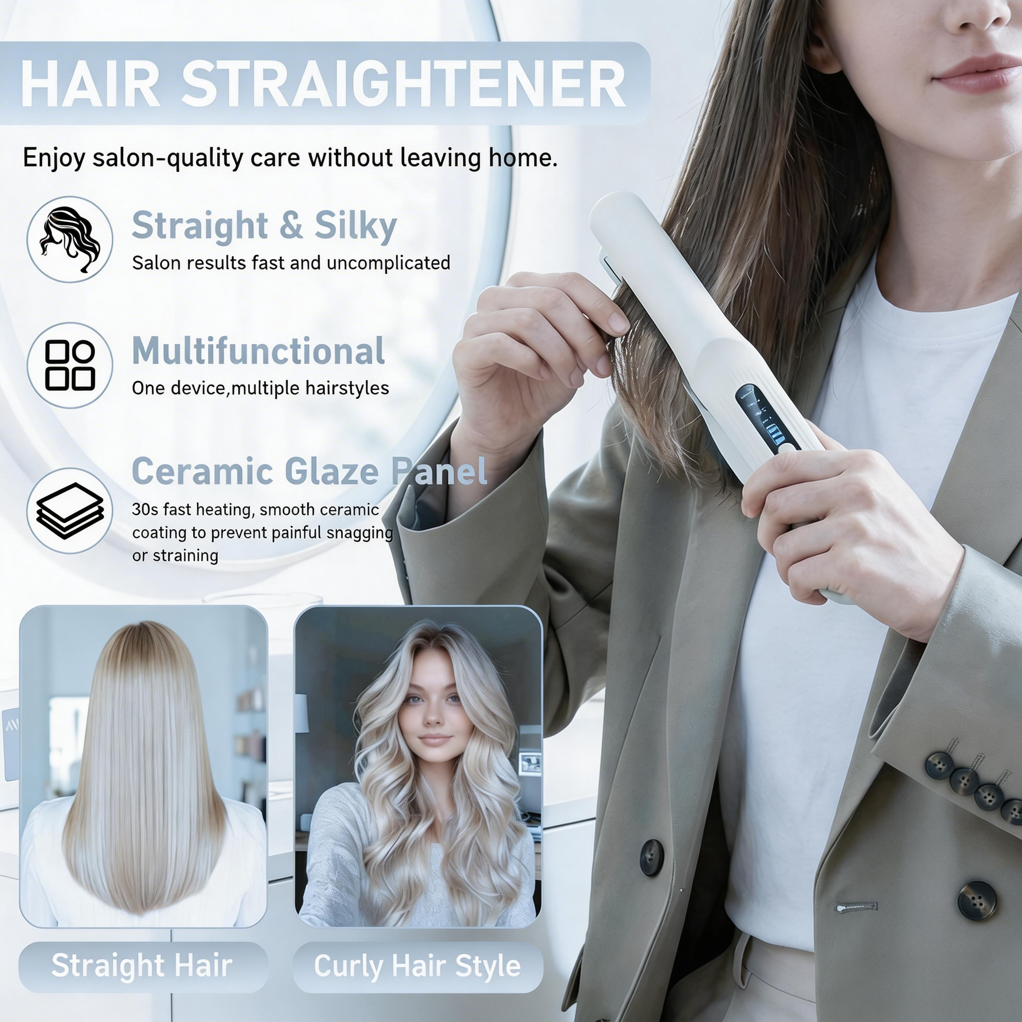 Haarglätter mit Bild von Frau, glattem und lockigem Haar.