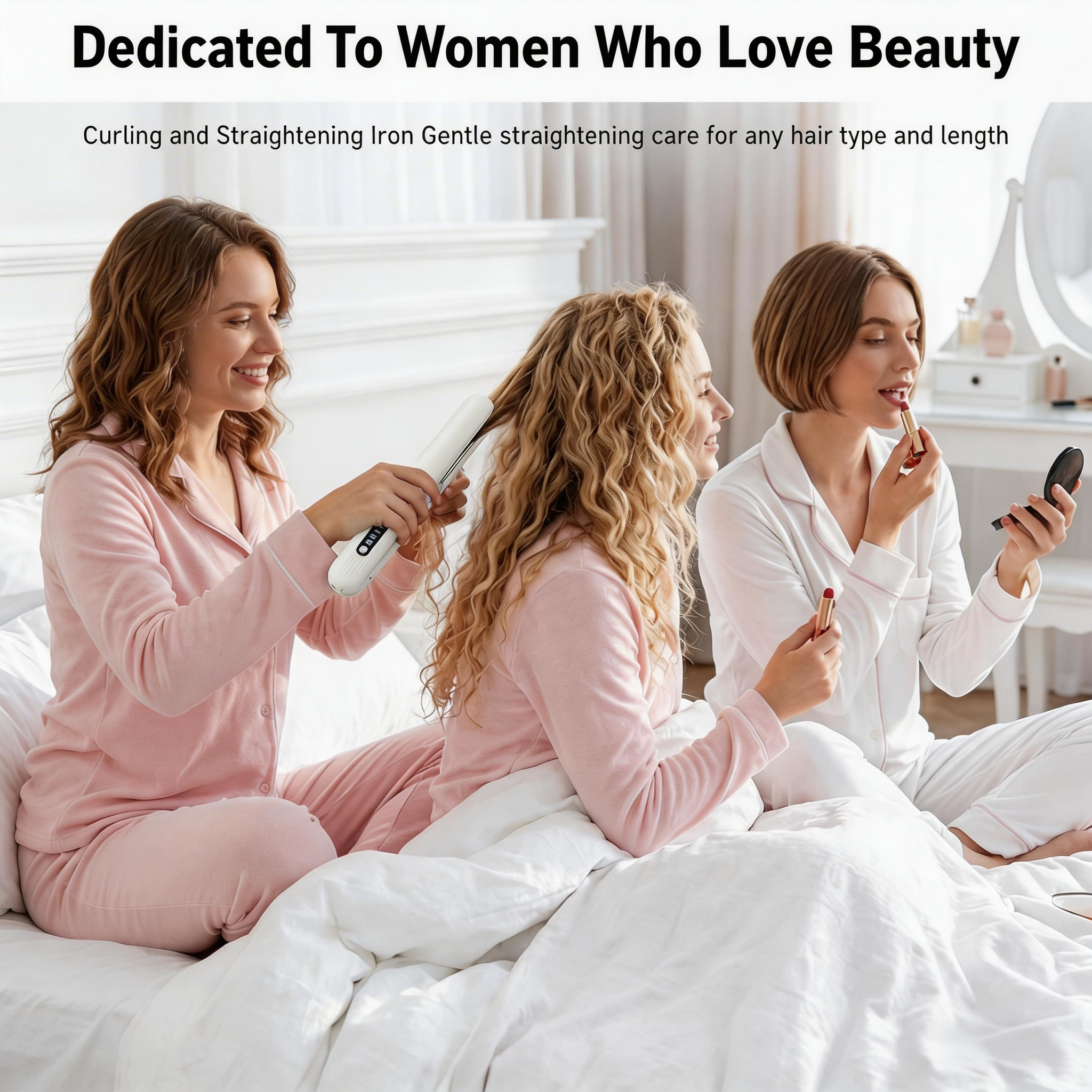 Drei Frauen im Pyjama auf einem Bett, eine glättet Haare mit einem Glätteisen.