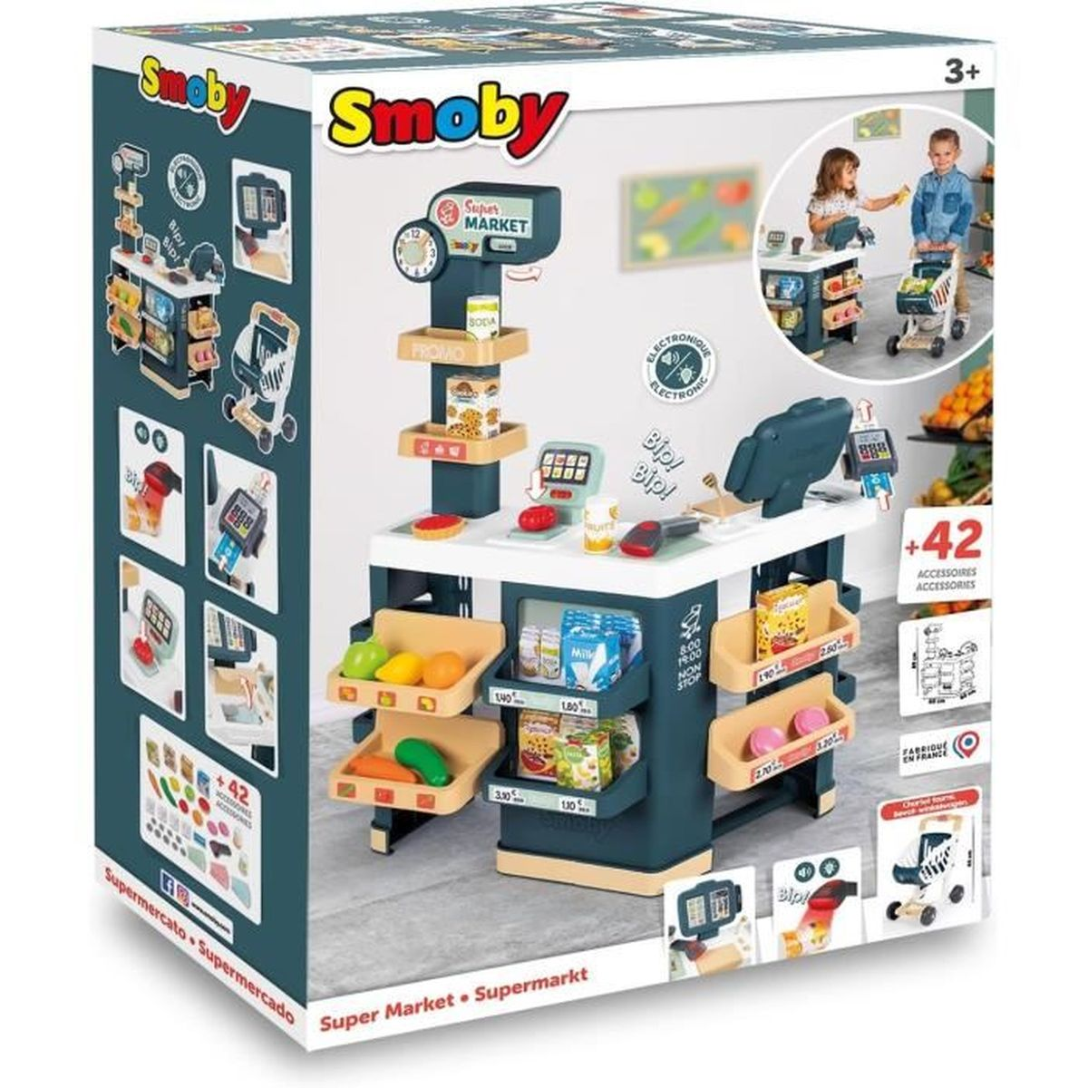Zabawkowy supermarket Smoby z kasą, wózkiem i akcesoriami.