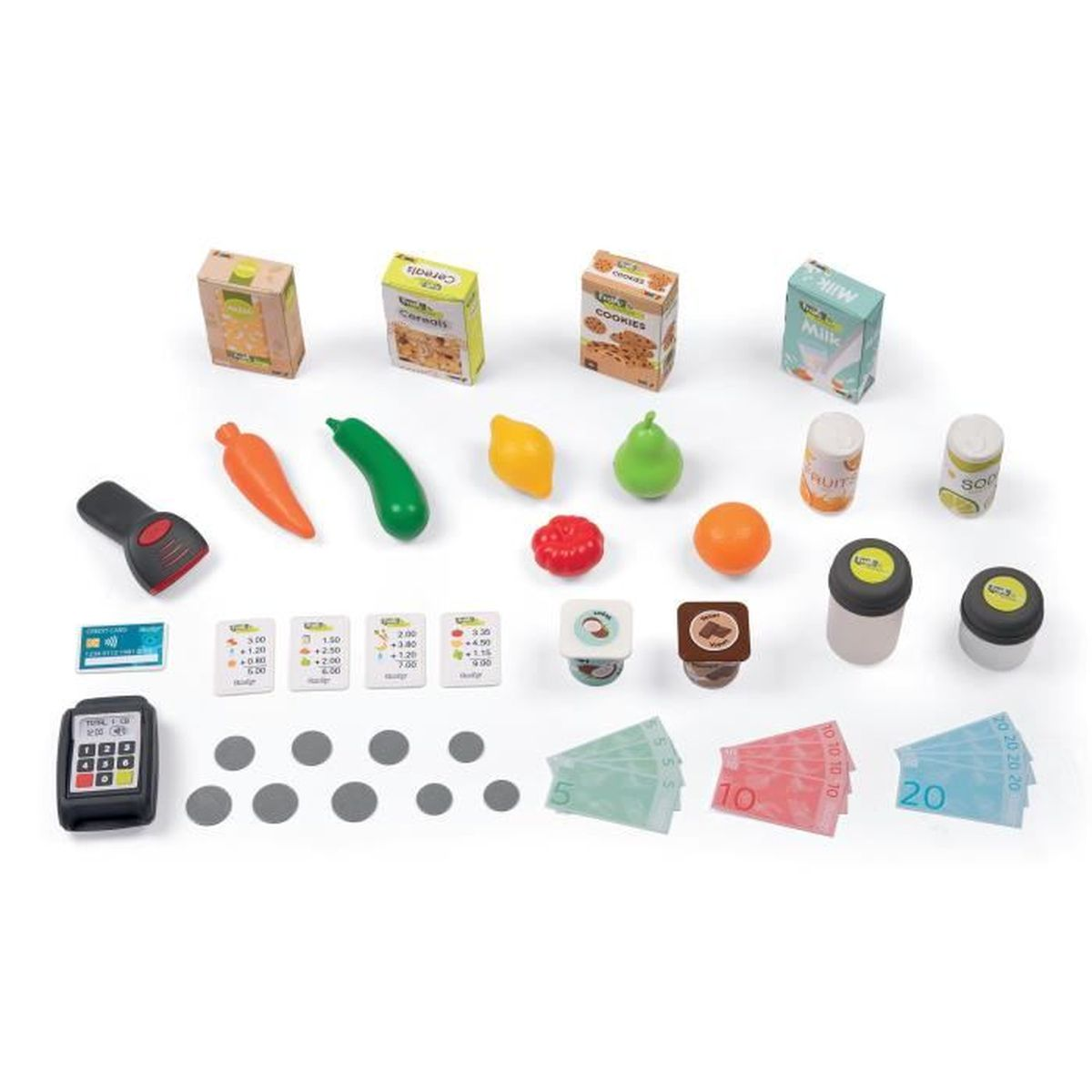 Zabawki akcesoria do supermarketu: kasa, jedzenie, warzywa, pieniądze i karty.