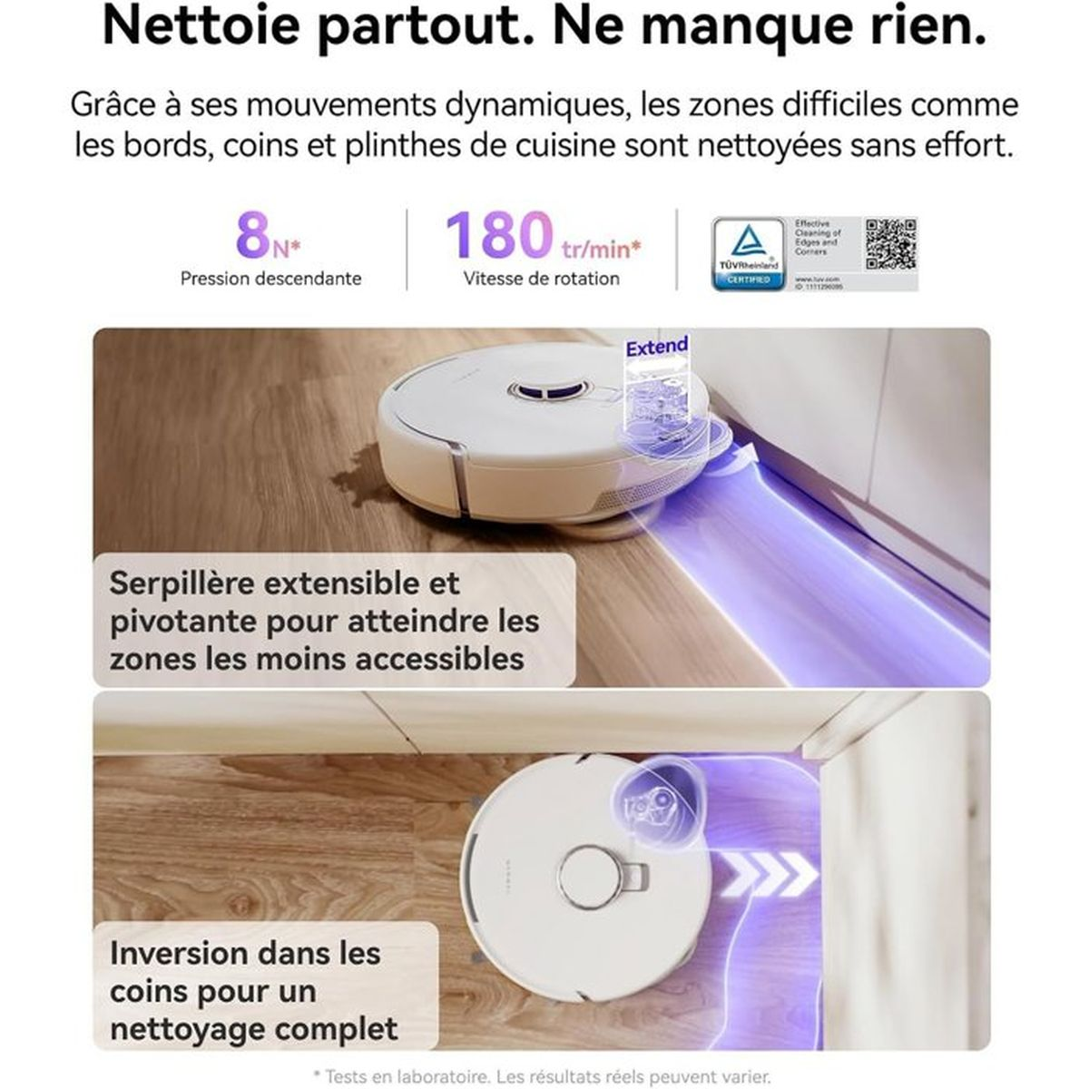 Biały robot sprzątający czyści krawędź drewnianej podłogi i białej ściany.