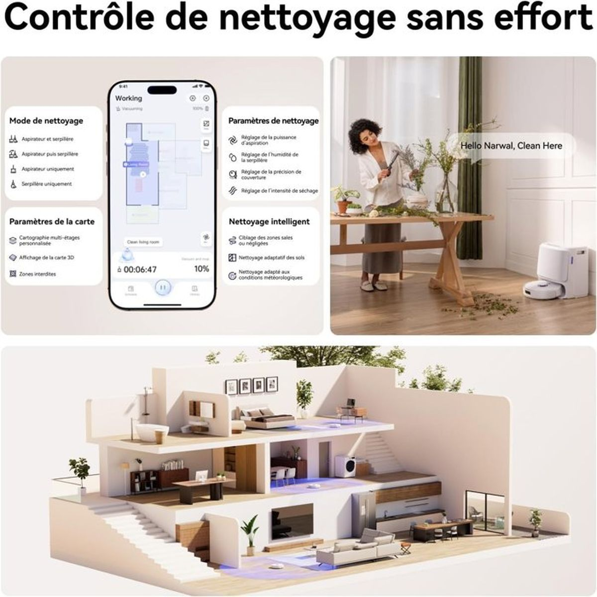 Sterowanie aplikacją robota sprzątającego; kobieta z roślinami; widok domu 3D.