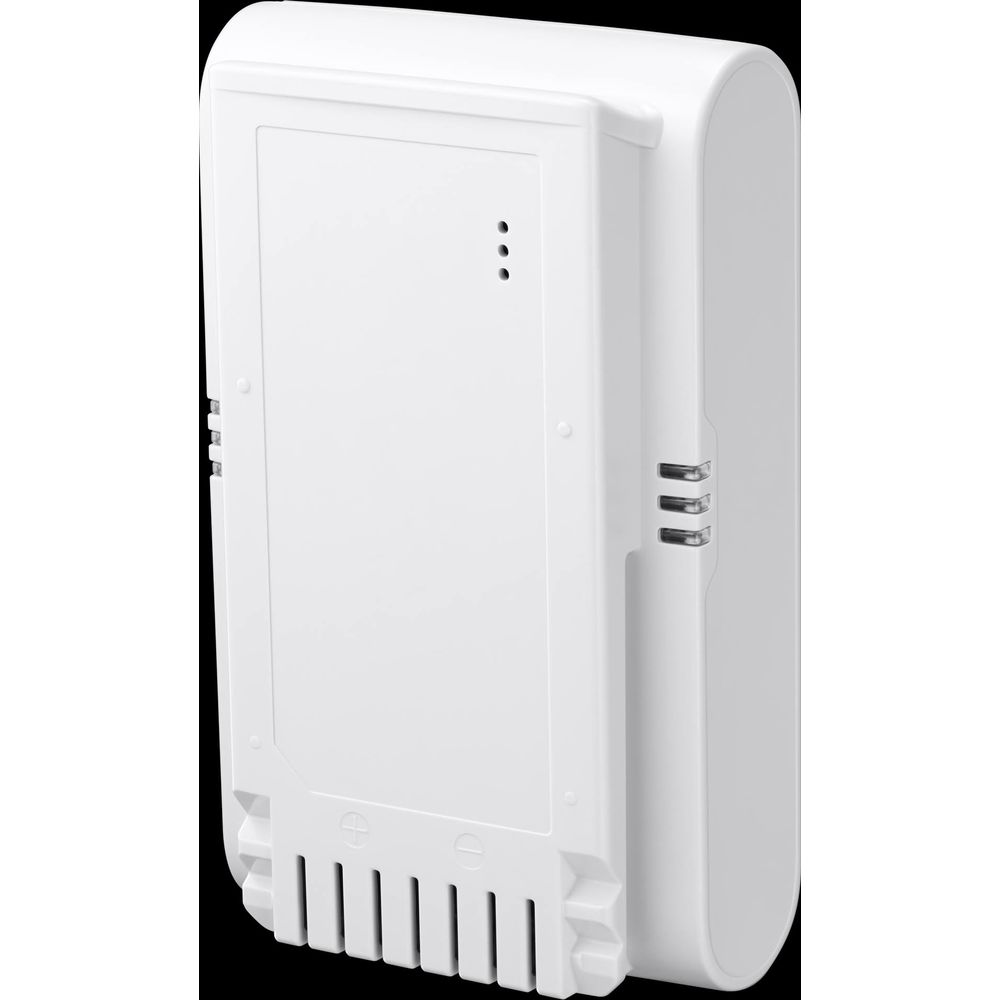 Un dispositivo rettangolare bianco con bordi arrotondati e tre piccole luci.