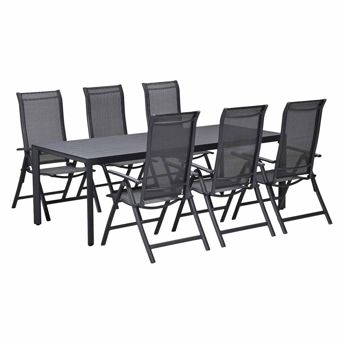 Een donkere rechthoekige tafel met zes stoelen, allemaal van donker metaal en mesh stof.