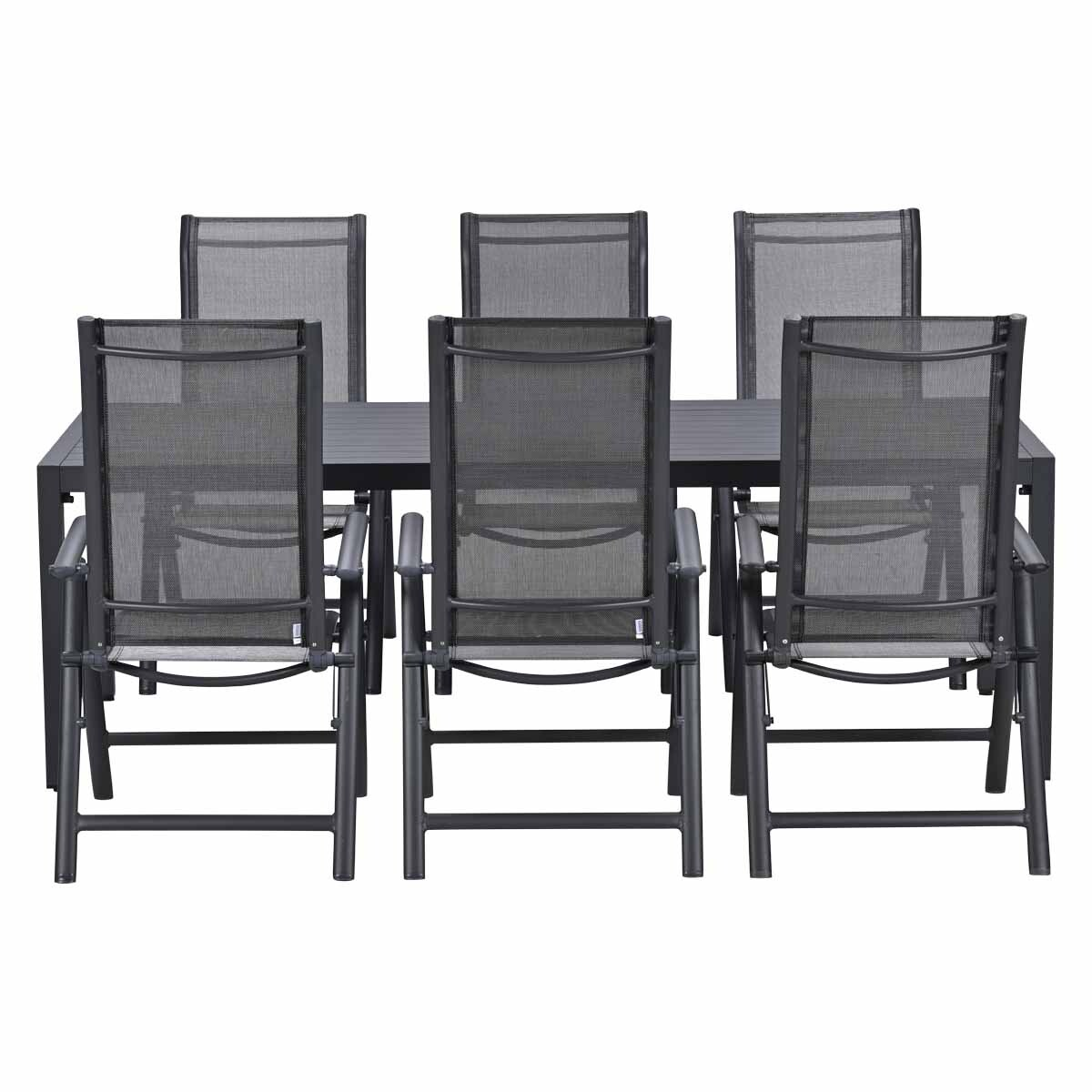 Een grijze tuinset met tafel en zes stoelen van metaal en gaas.