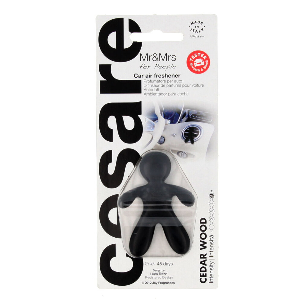 Schwarzer Auto-Lufterfrischer in der Form einer stiliserten Figur auf Verpackung.
