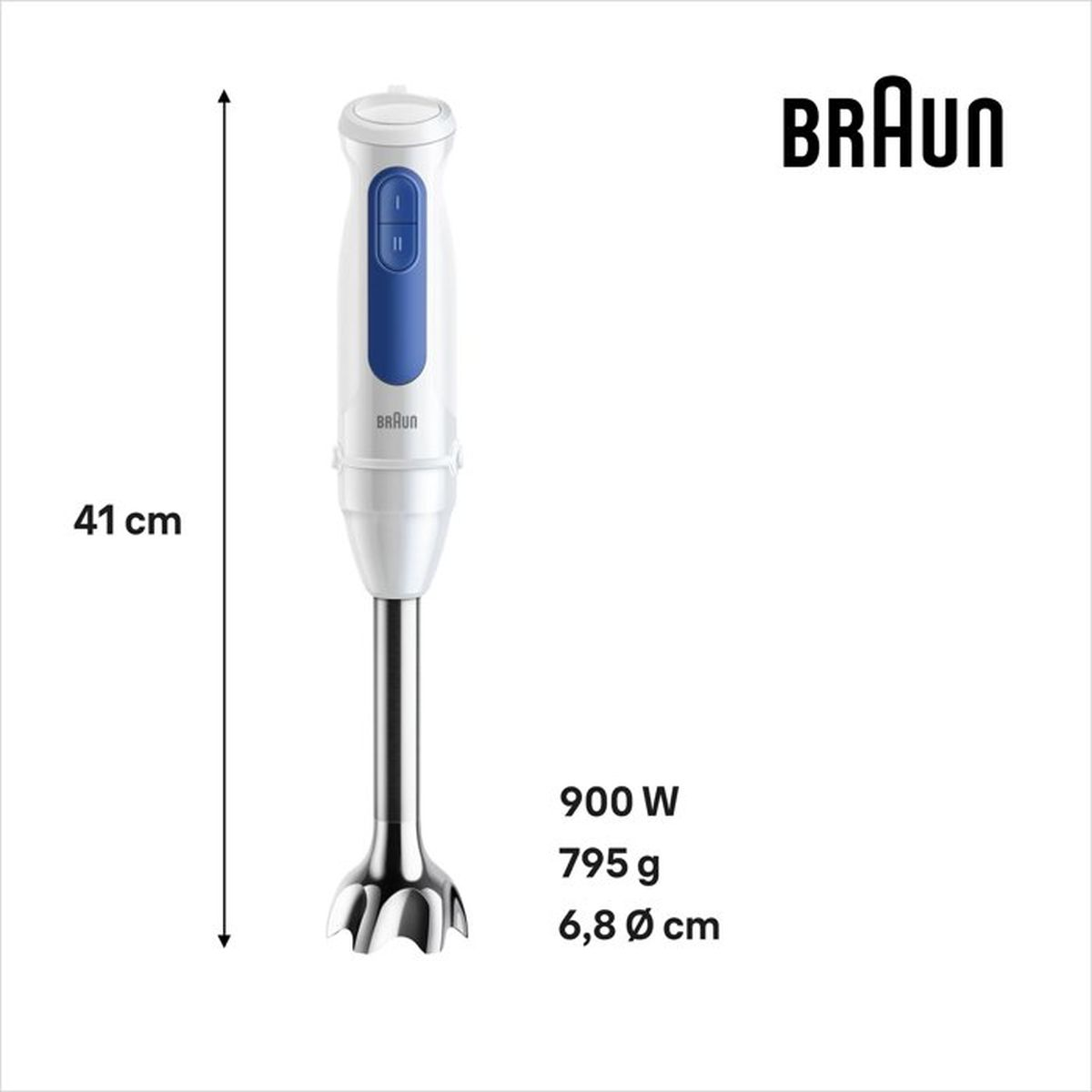 Witte Braun staafmixer, 41 cm hoog, 900 W, 795 g, 6,8 cm diameter.