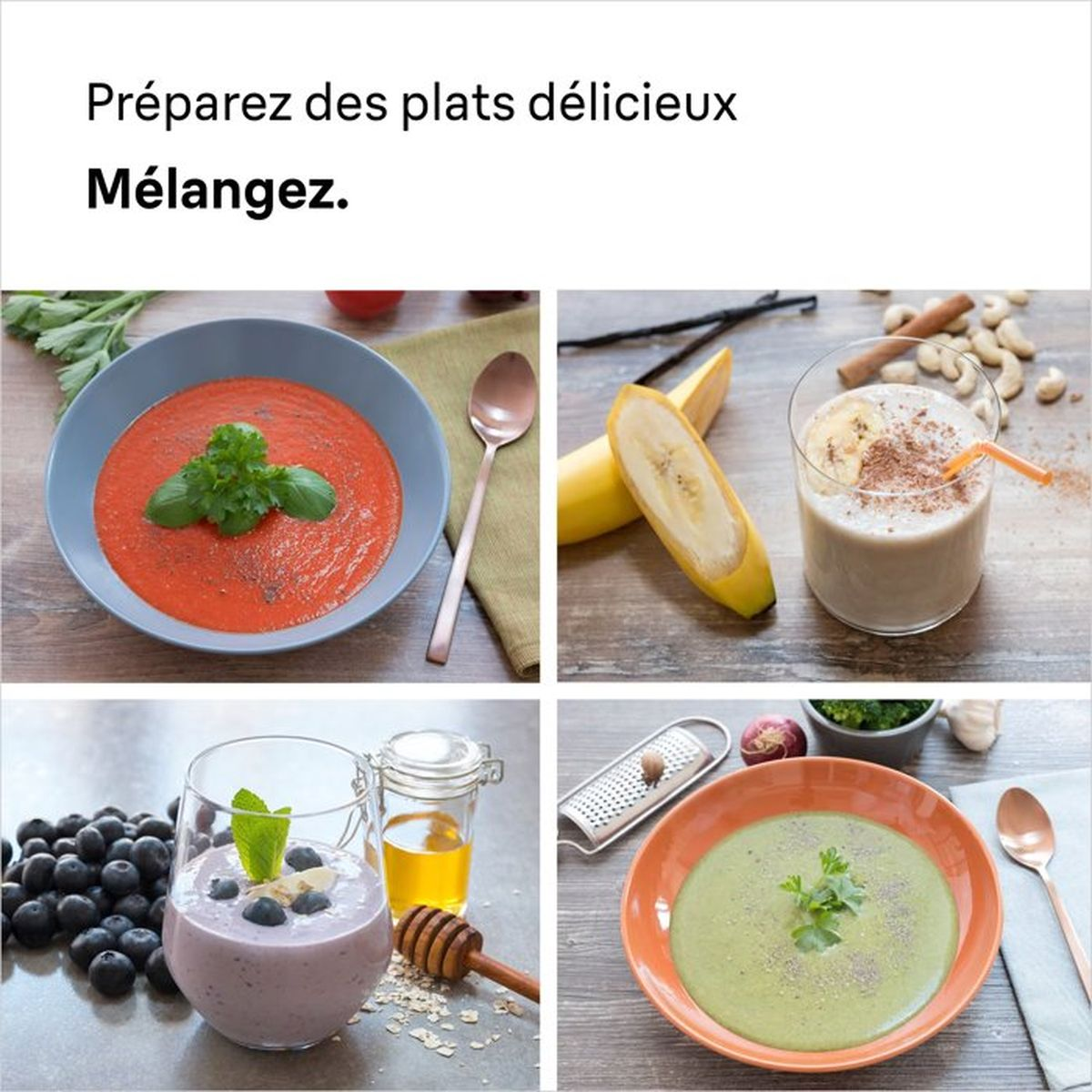 Vier gerechten: tomatensoep, bananenshake, blueberry smoothie en groene soep.