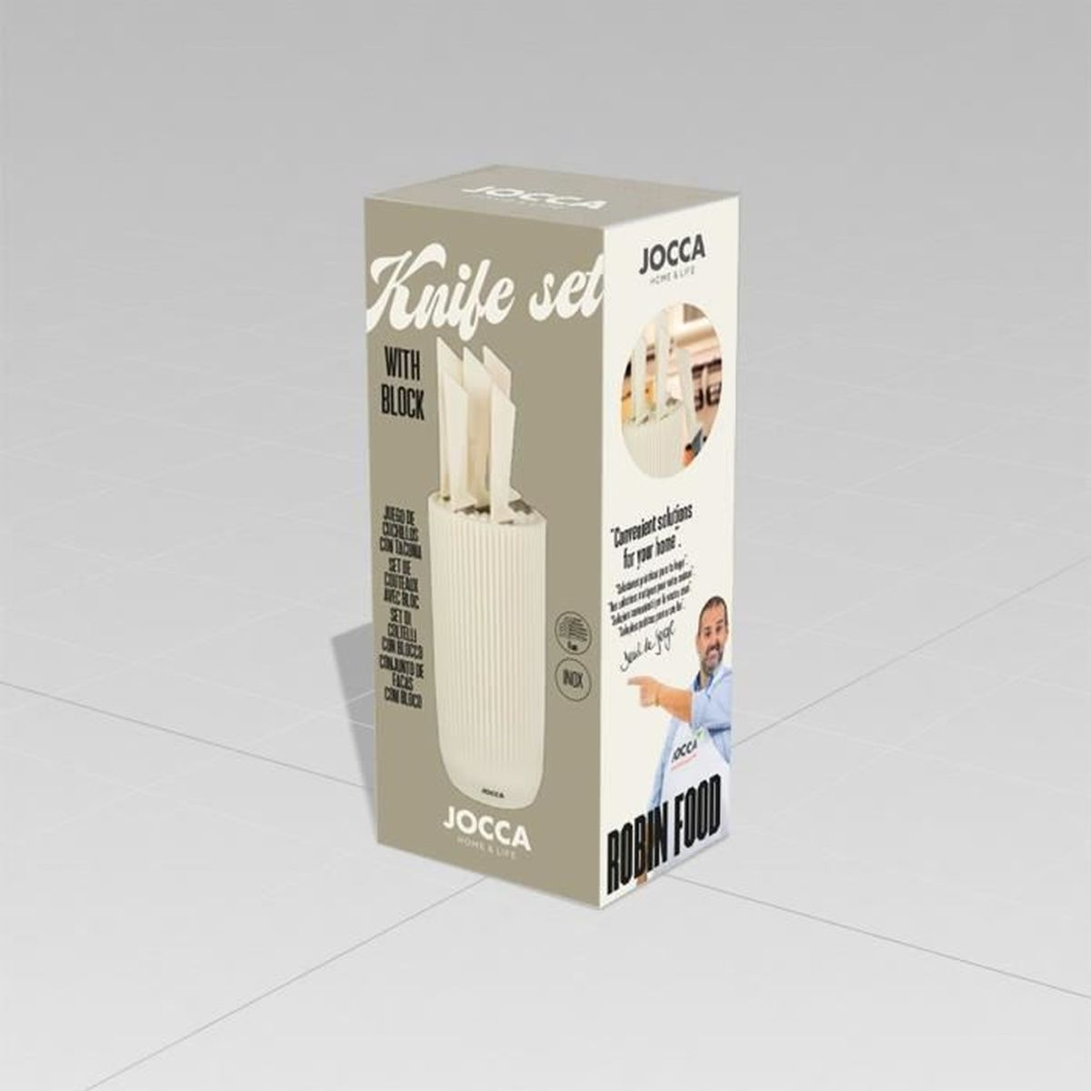JOCCA Messerblock-Set mit Messern, beige. Vordergrund: Verpackung mit Text.