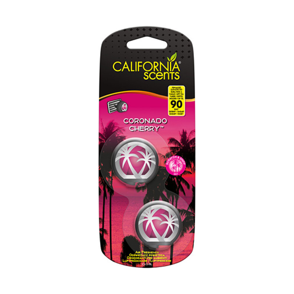 California Scents Coronado Cherry Lufterfrischer-Packung mit Palmenmotiv.