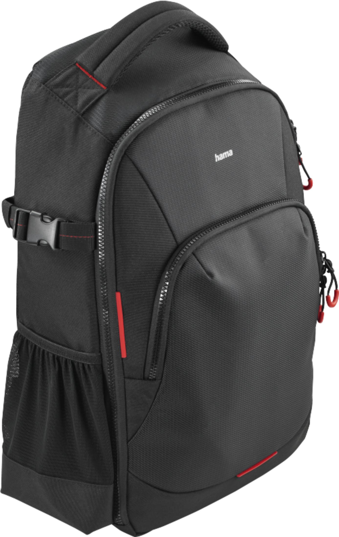Schwarzer Rucksack mit roter Ziernaht und Reißverschlüssen.