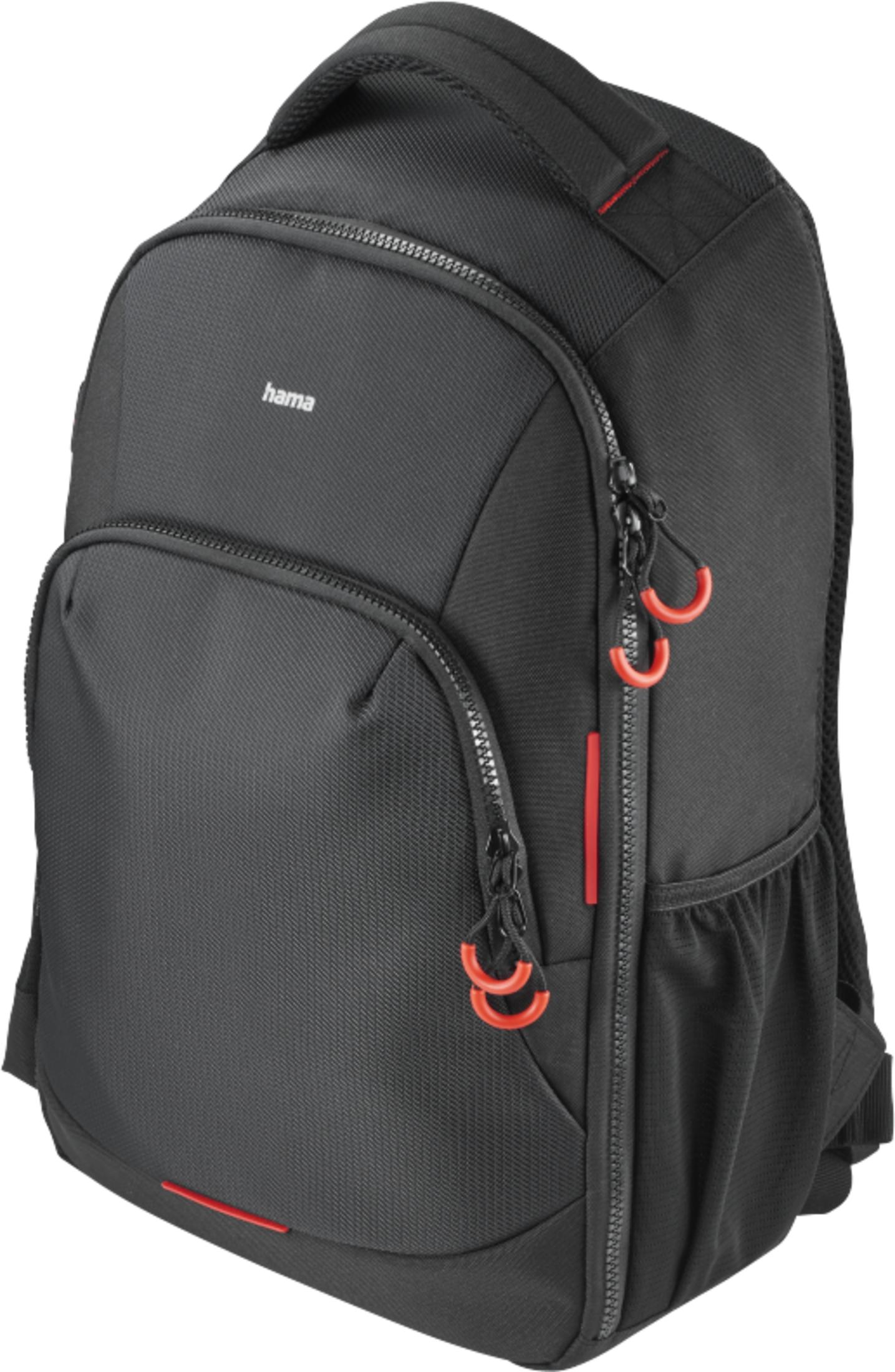 Ein schwarzer Rucksack mit roten Akzenten und dem Logo von Hama.