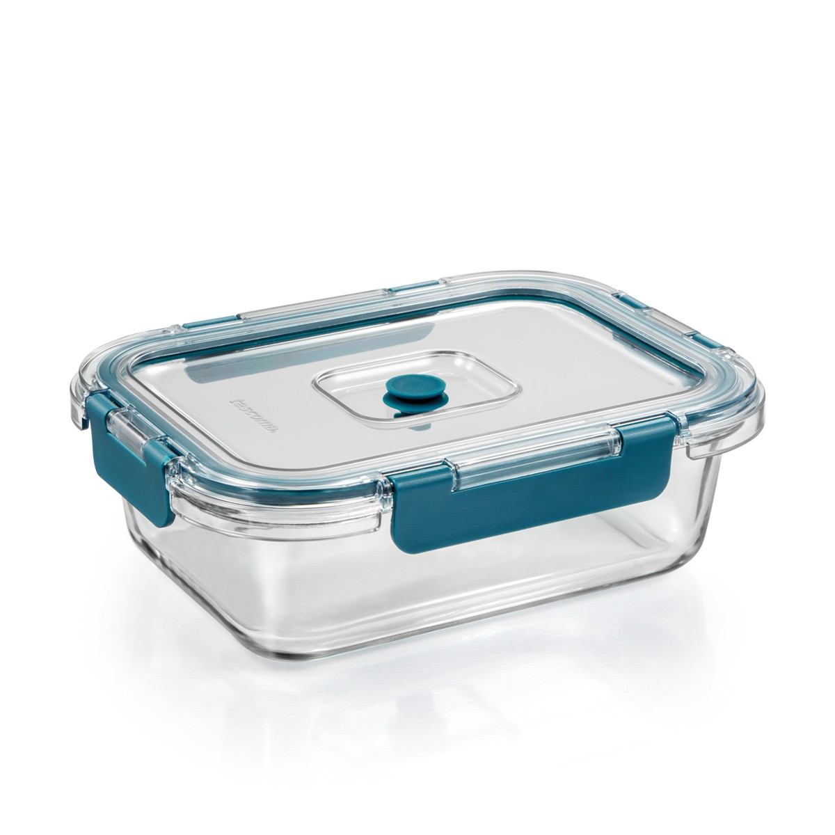 Transparenter rechteckiger Glasbehälter mit blauem Deckel und Verriegelungsclips.