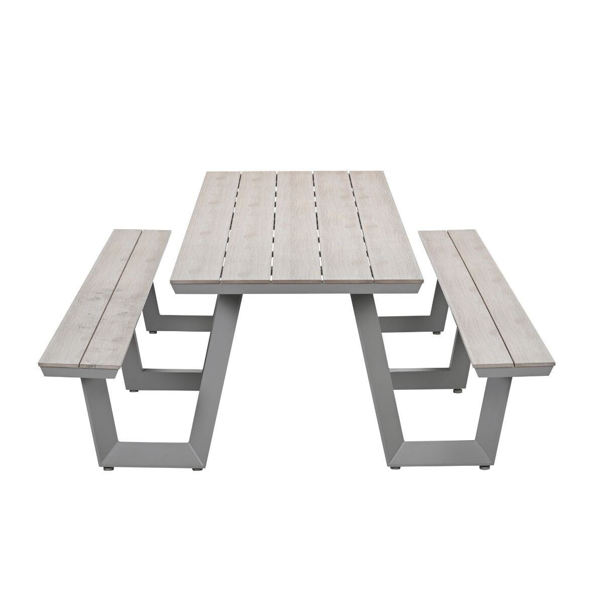 A rectangular picnic table with two attached benches, made of light wood and grey metal.