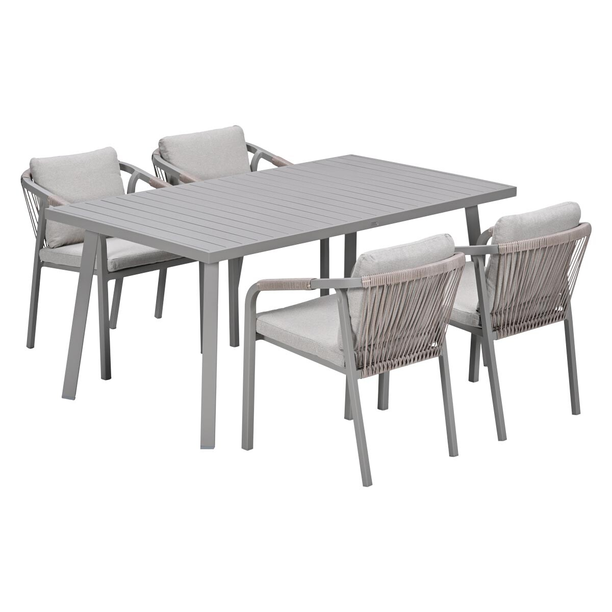 Grijze eettafelset met vier stoelen, allemaal met lichtgrijze kussens.