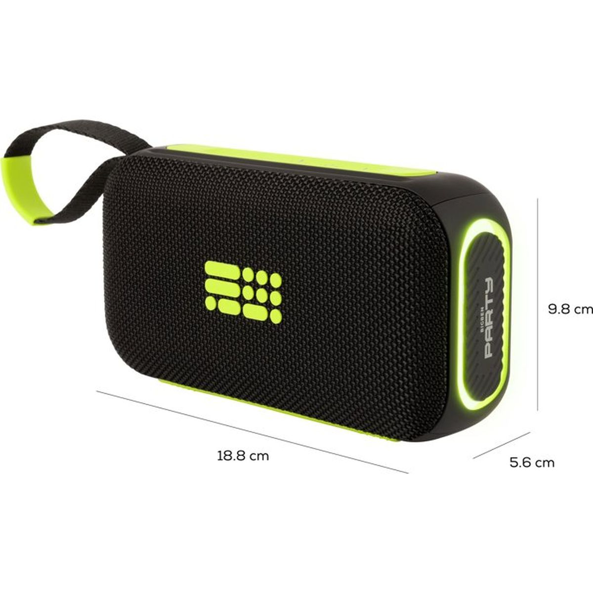 Schwarzer Bluetooth-Lautsprecher mit Neon-grünen Akzenten, Tragegriff und Maßen.