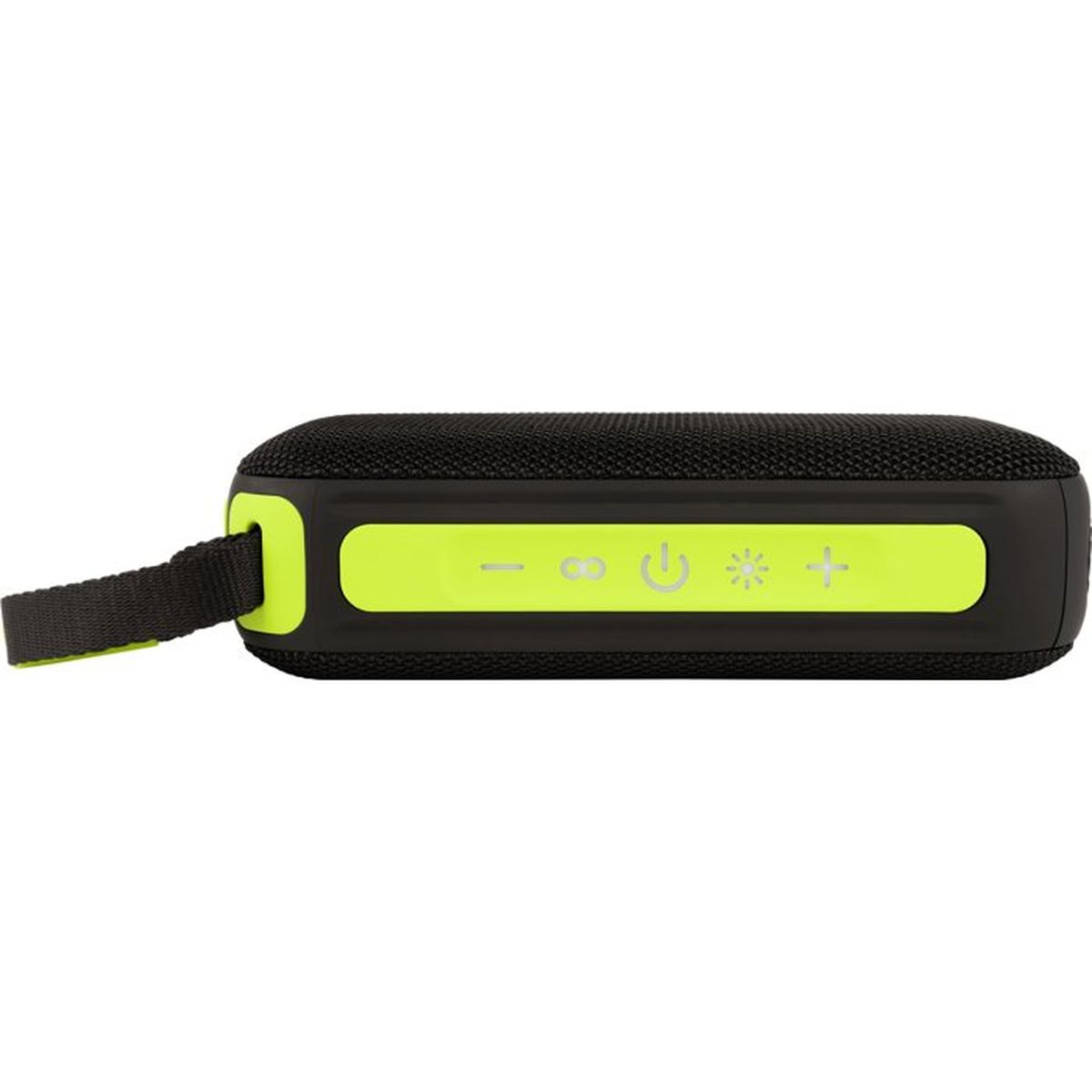Schwarzer Bluetooth-Lautsprecher mit Trageband und neonfarbenen Tasten.
