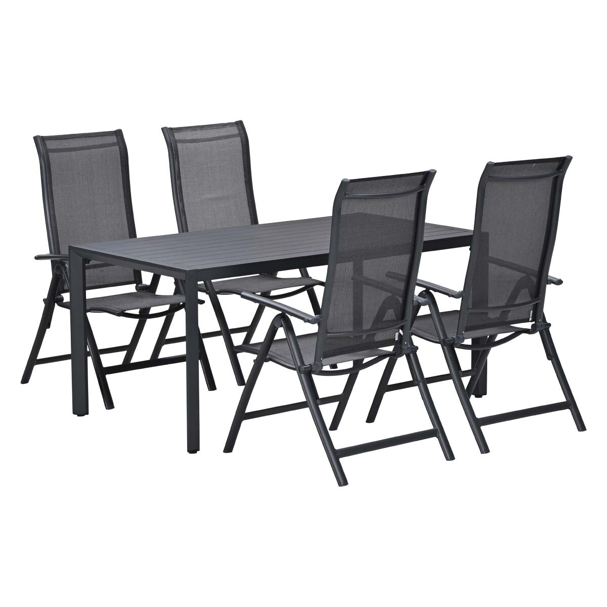 Een rechthoekige tafel met vier grijze stoelen, allemaal van metaal.