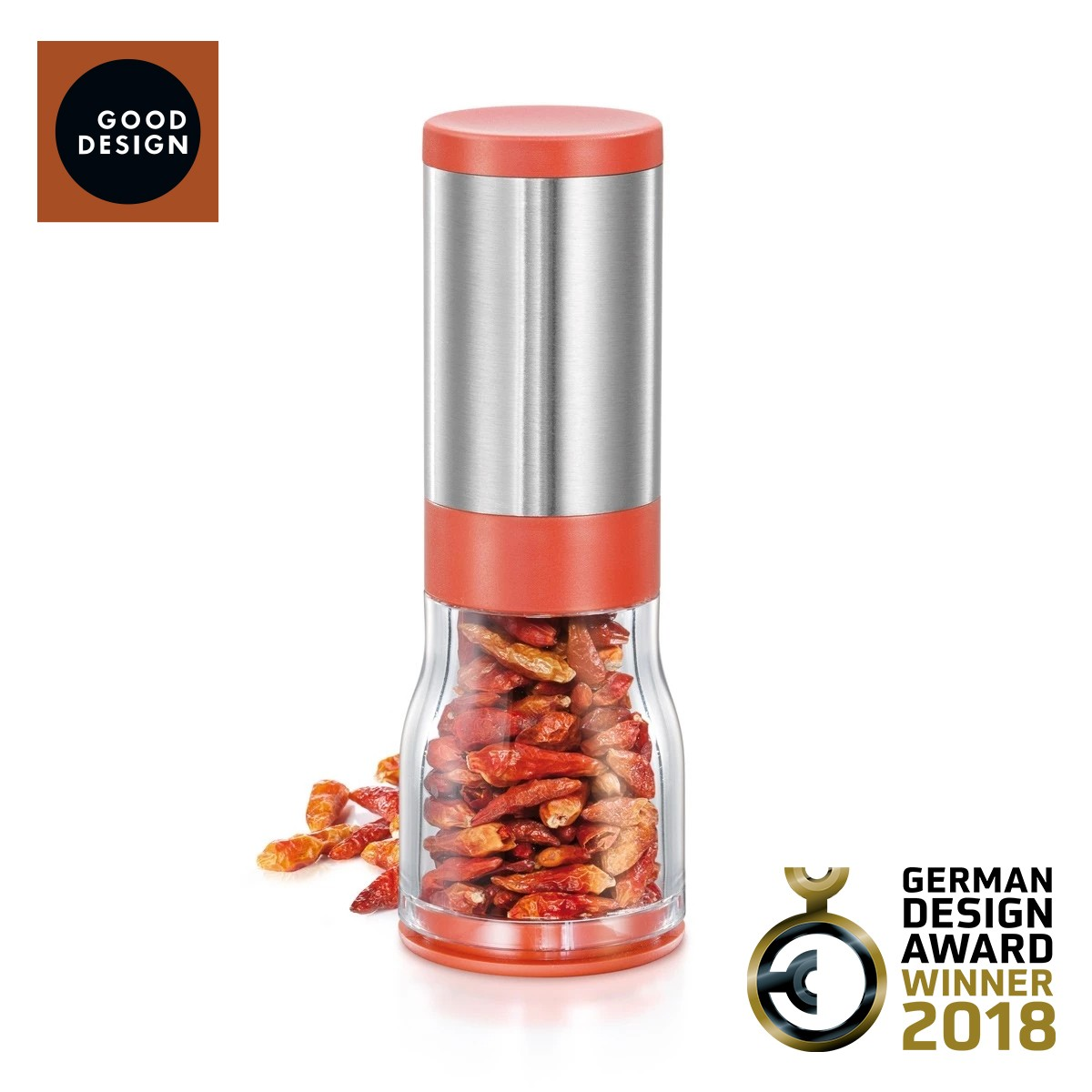 Ein Gewürzstreuer mit roten Chilis, Metall, Glas und orangefarbenen Akzenten.