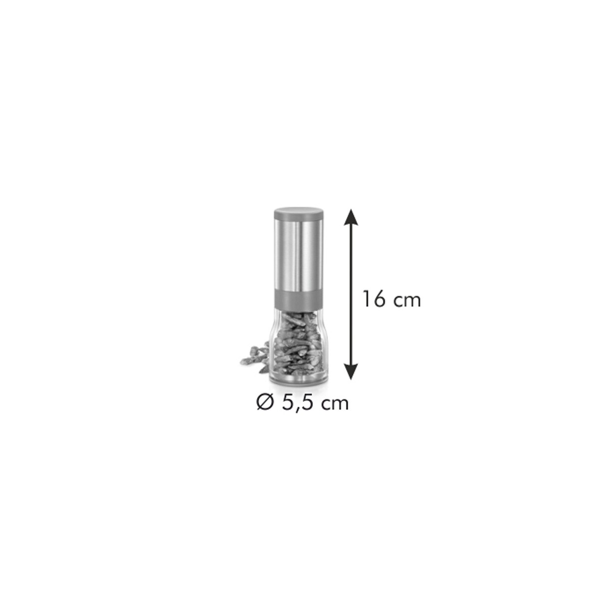 Edelstahl-Pfeffermühle, 16 cm hoch, 5,5 cm Durchmesser, mit Körnern gefüllt.