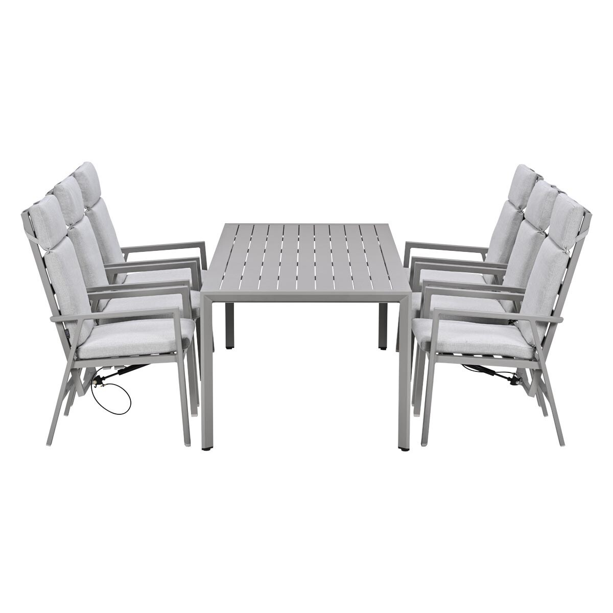 Grijze rechthoekige tafel met zes gestoffeerde stoelen eromheen.