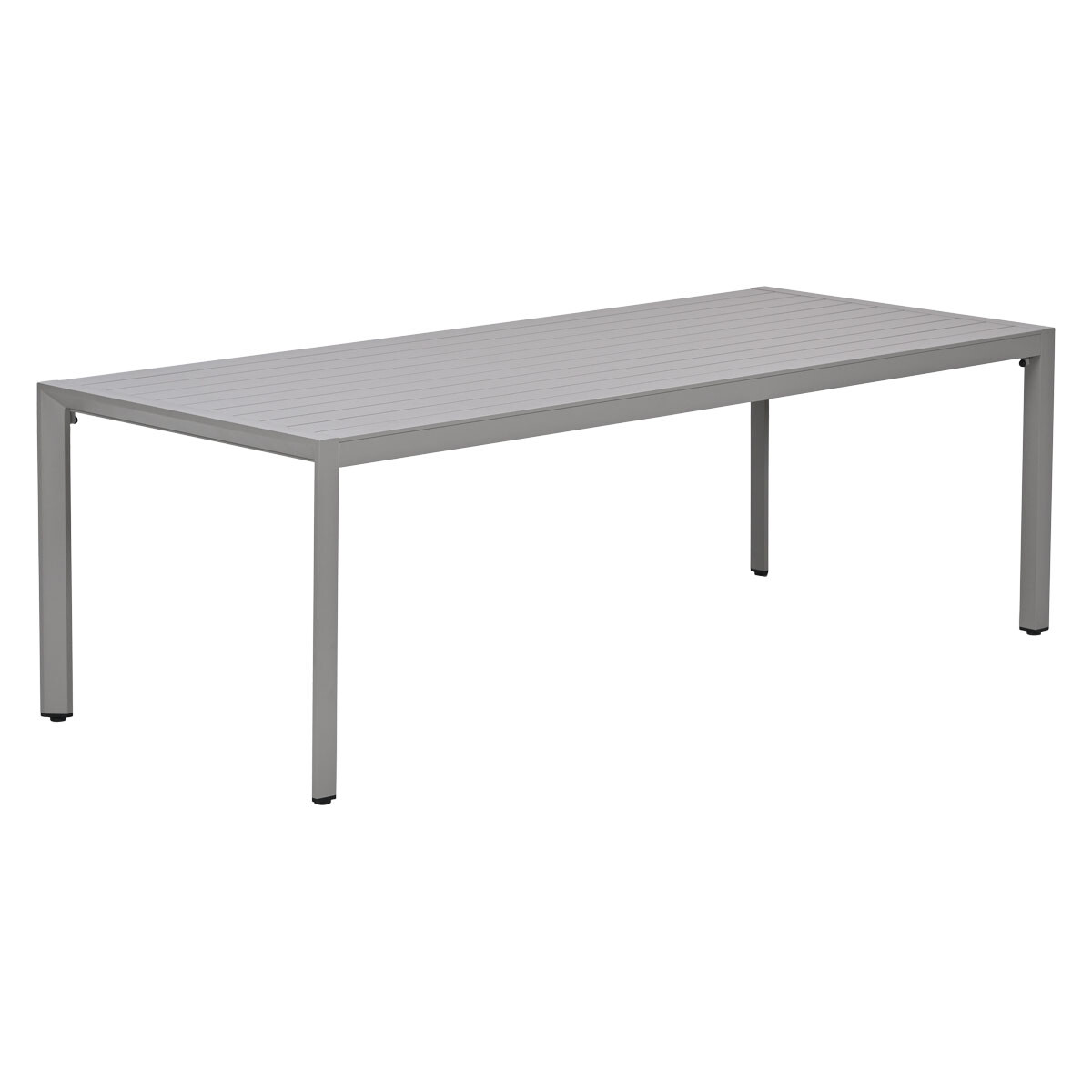 Een lange, grijze tafel met een lamellenblad en vier poten.