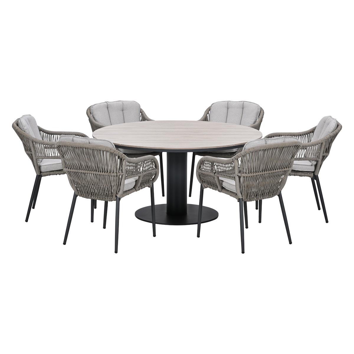 Grijze rotan eethoek met zes stoelen en lichtgrijze kussens.