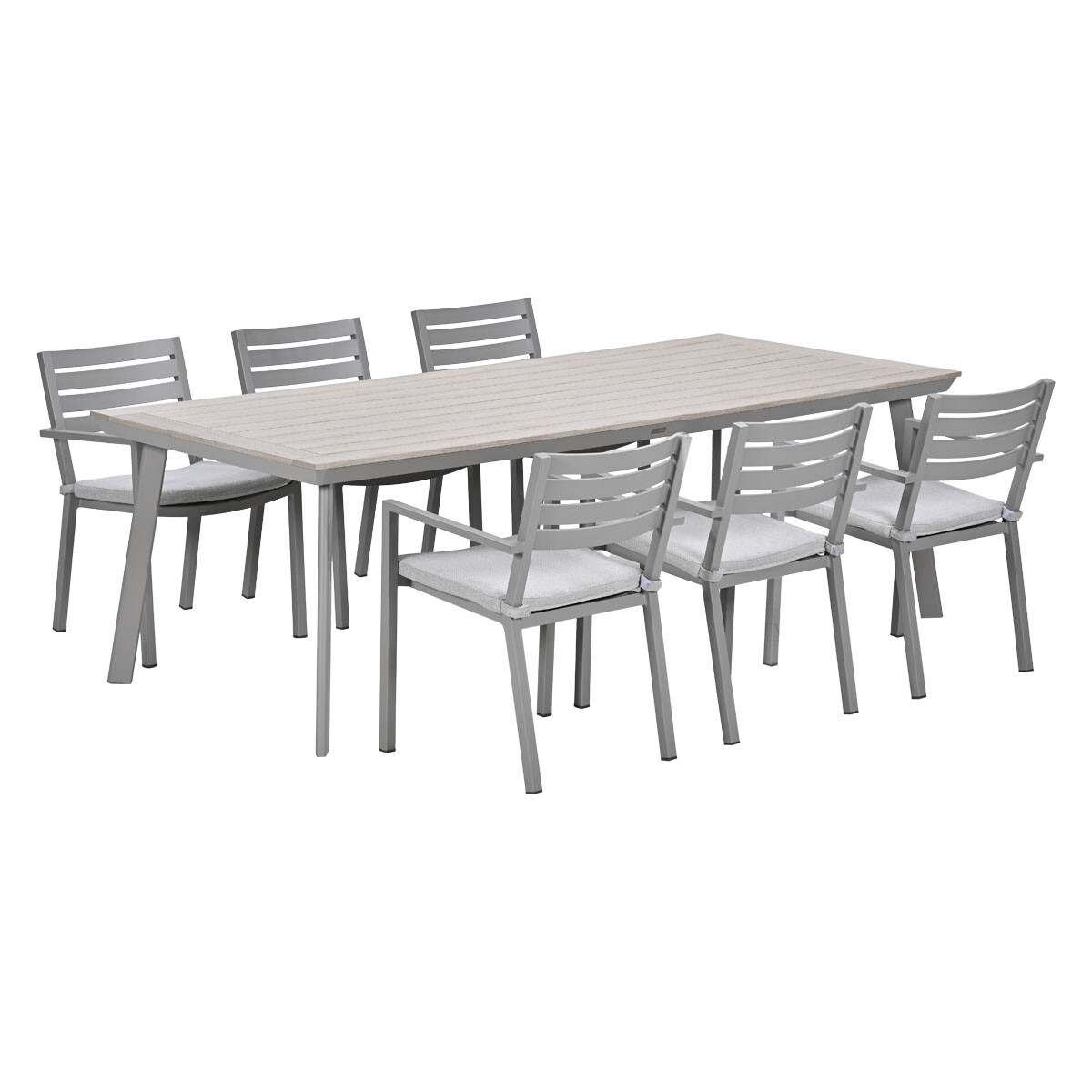 Een grijze buiteneethoek met rechthoekige tafel en zes stoelen.