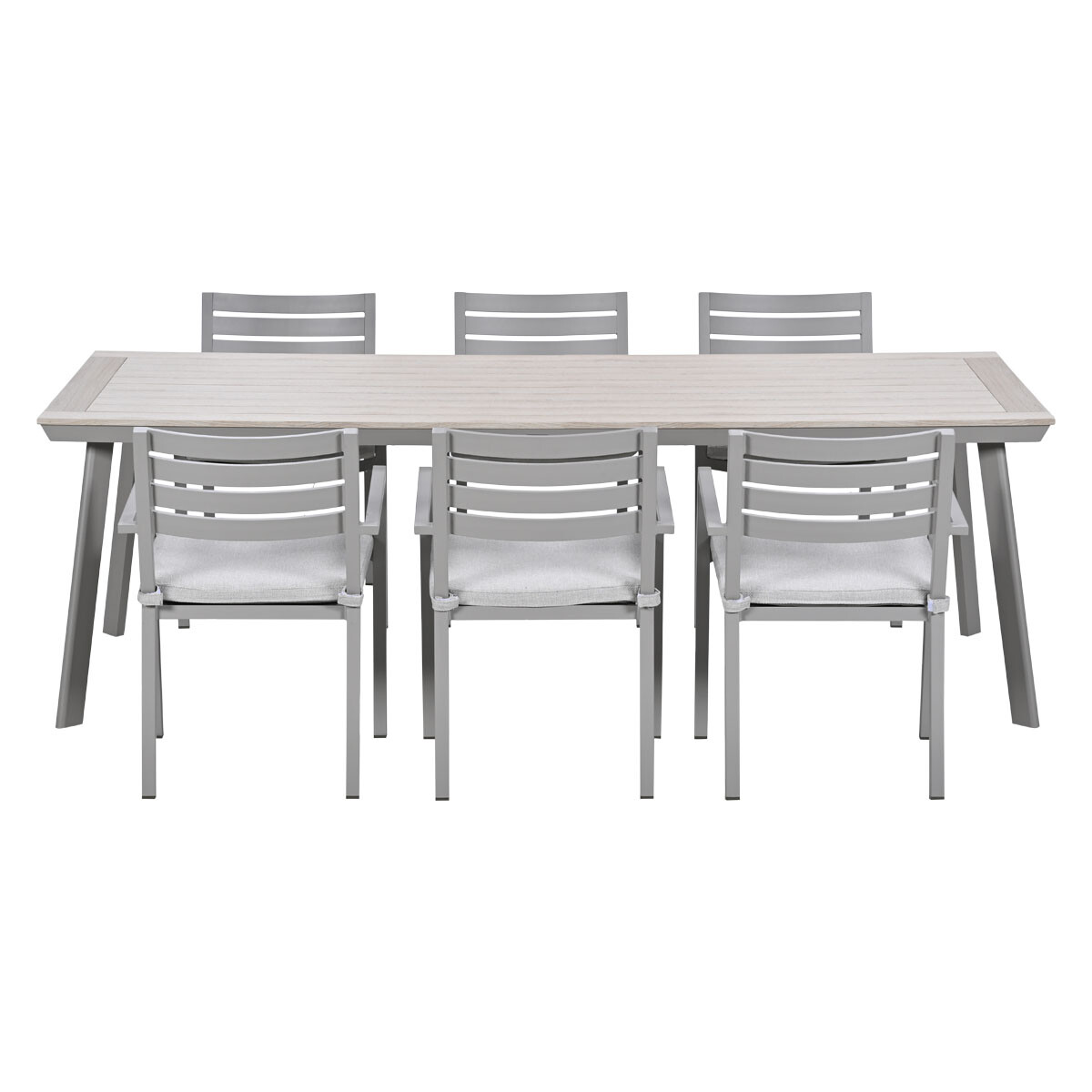 Een grijze eethoek voor buiten met een tafel met lamellen en zes stoelen met kussens.
