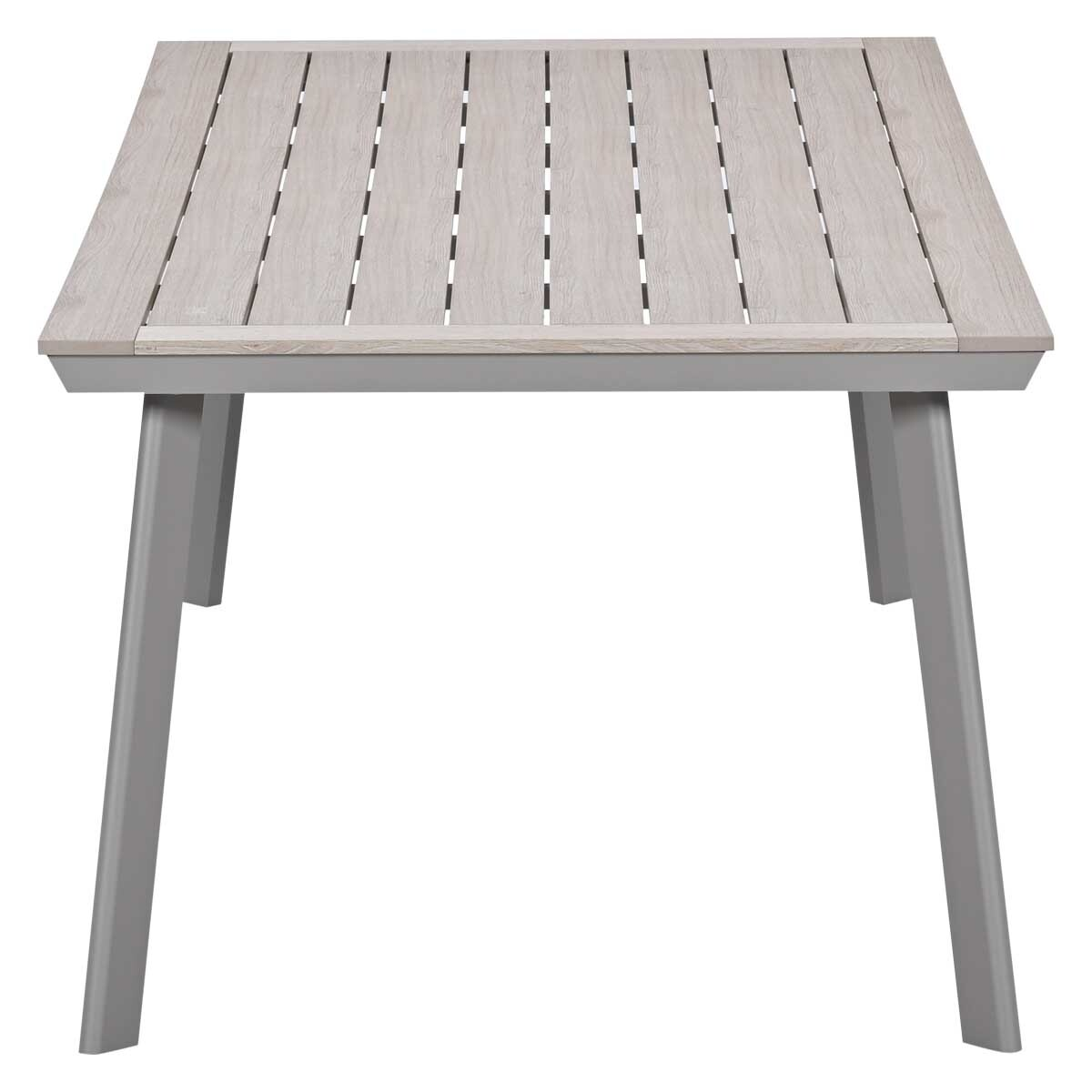 Een rechthoekige tafel met een houtnerfblad en grijze poten.