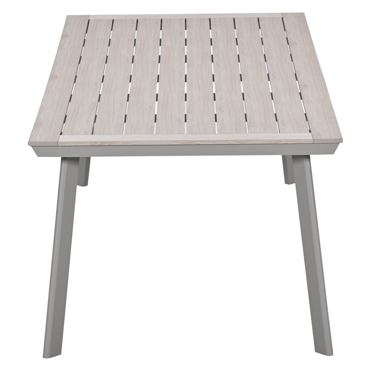 Een vierkante tafel met een houten lamellenblad en grijze metalen poten.