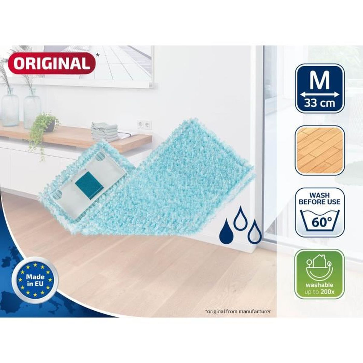 Un panno mop azzurro con logo "Original", taglia M, 33cm, lavabile.