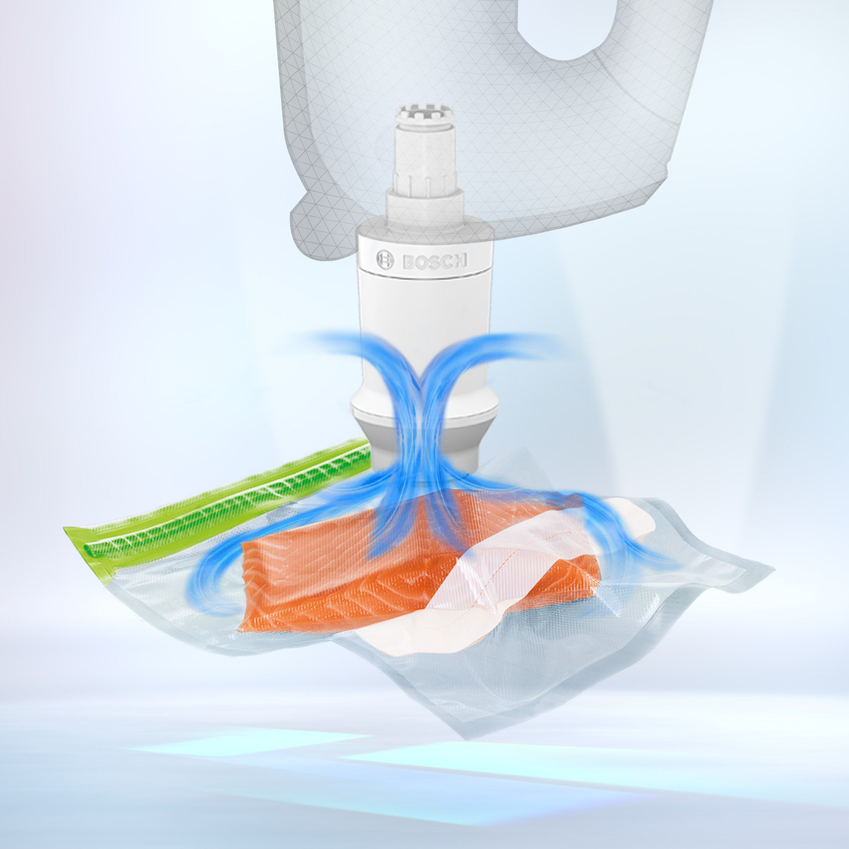 Bosch vacuum sealer removing air from salmon fillet in plastic bag.