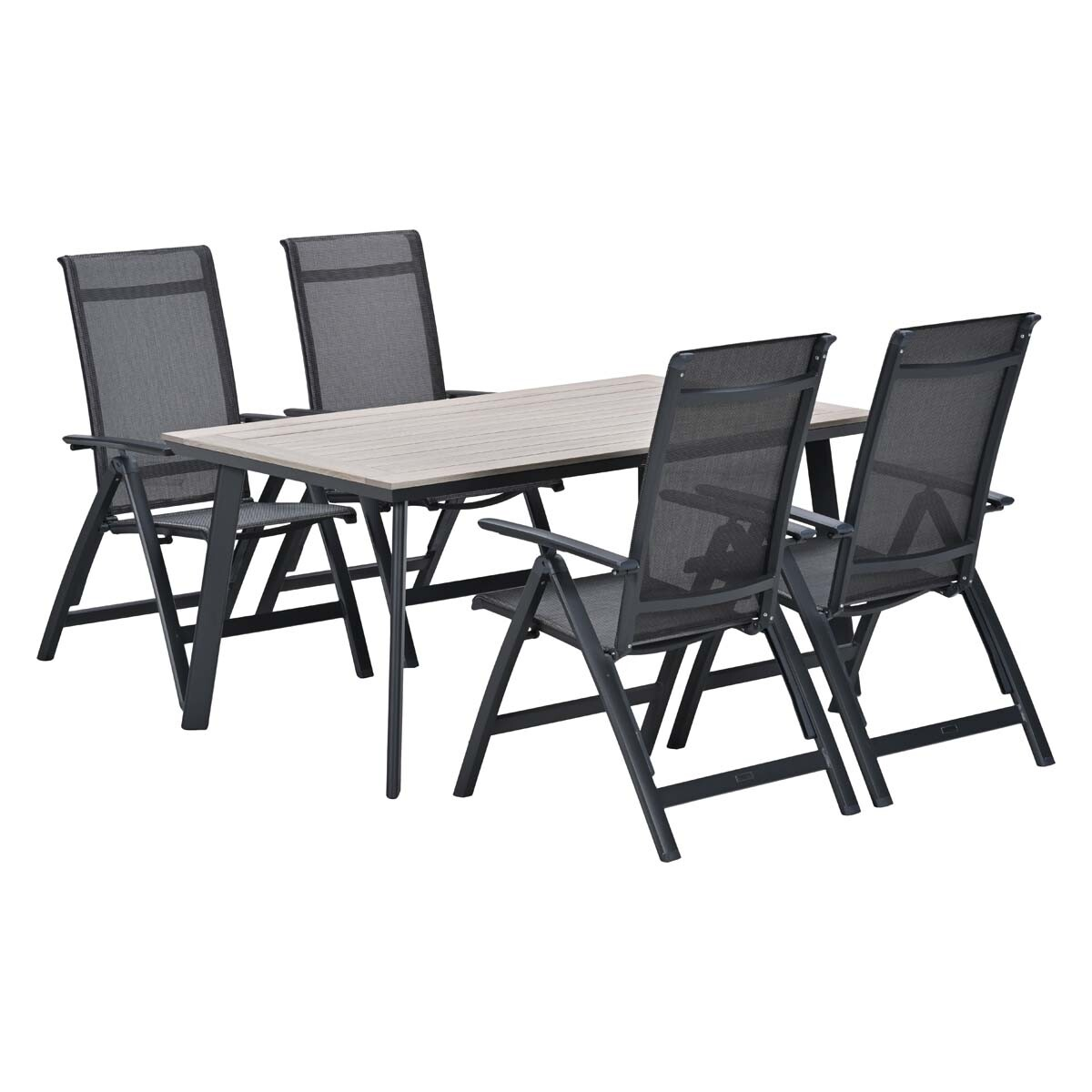 Een rechthoekige tafel met vier grijze stoelen van gaas.