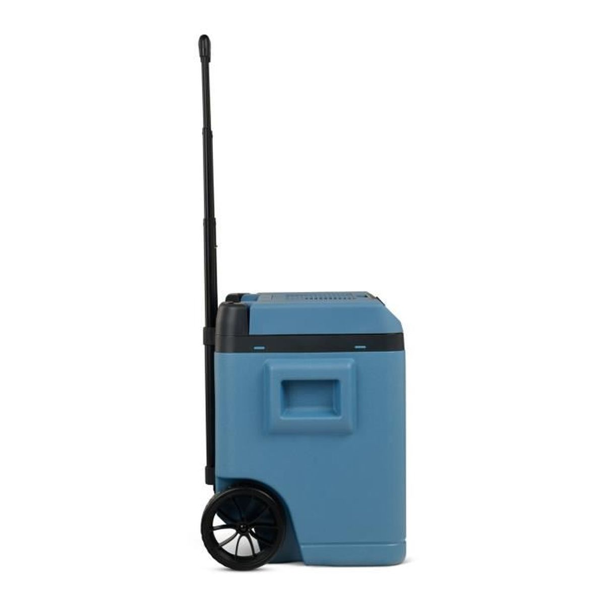 Borsa frigo blu con ruote e manico estraibile, isolata.