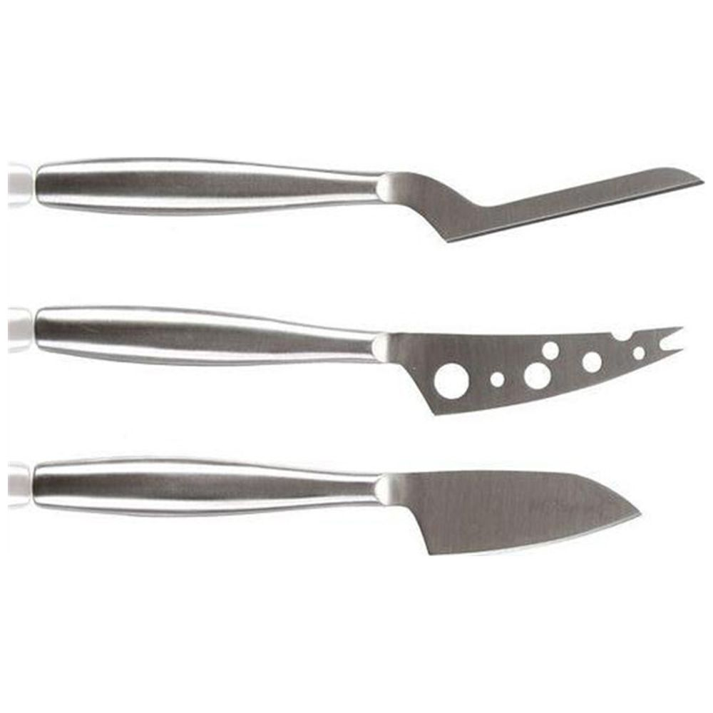 Three stainless steel cheese knives with silver handles, white background.