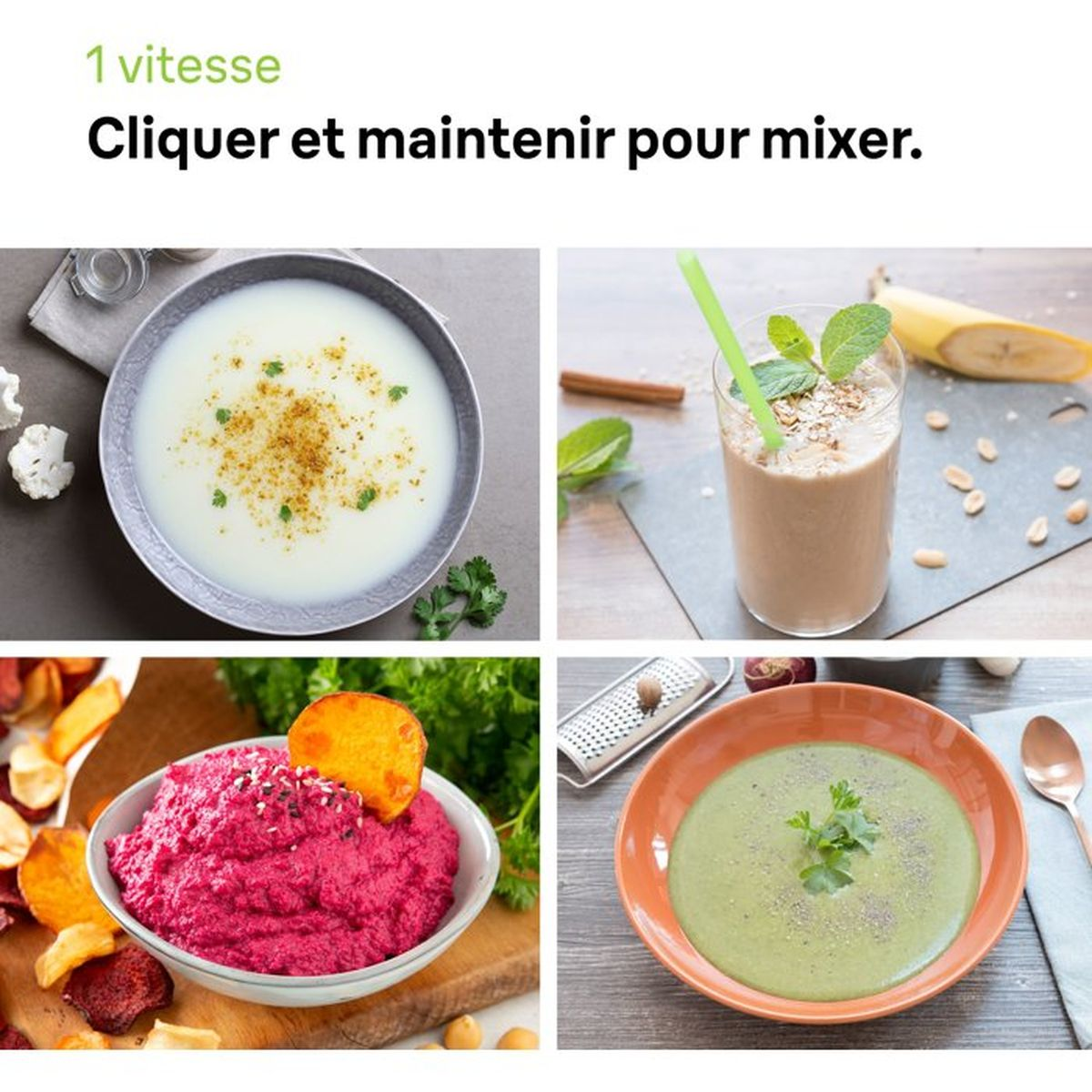 Quattro piatti: zuppa cremosa, frullato, dip di barbabietola e zuppa verde.