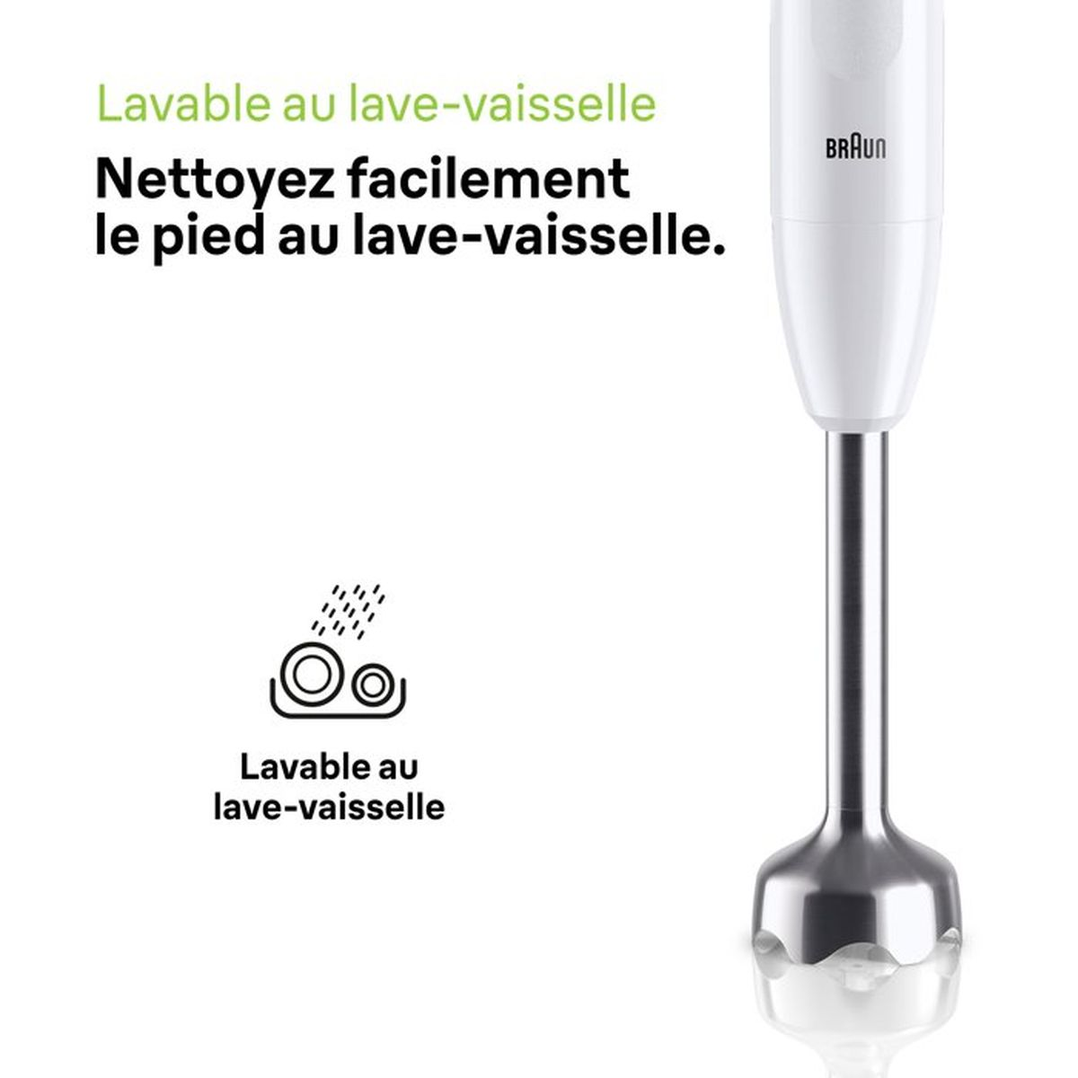Piede frullatore a immersione bianco con logo BRAUN. Lavabile lavastoviglie.