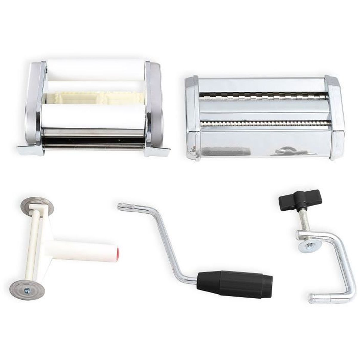 Maszynka do makaronu z akcesoriami: wałki, korba i zacisk.