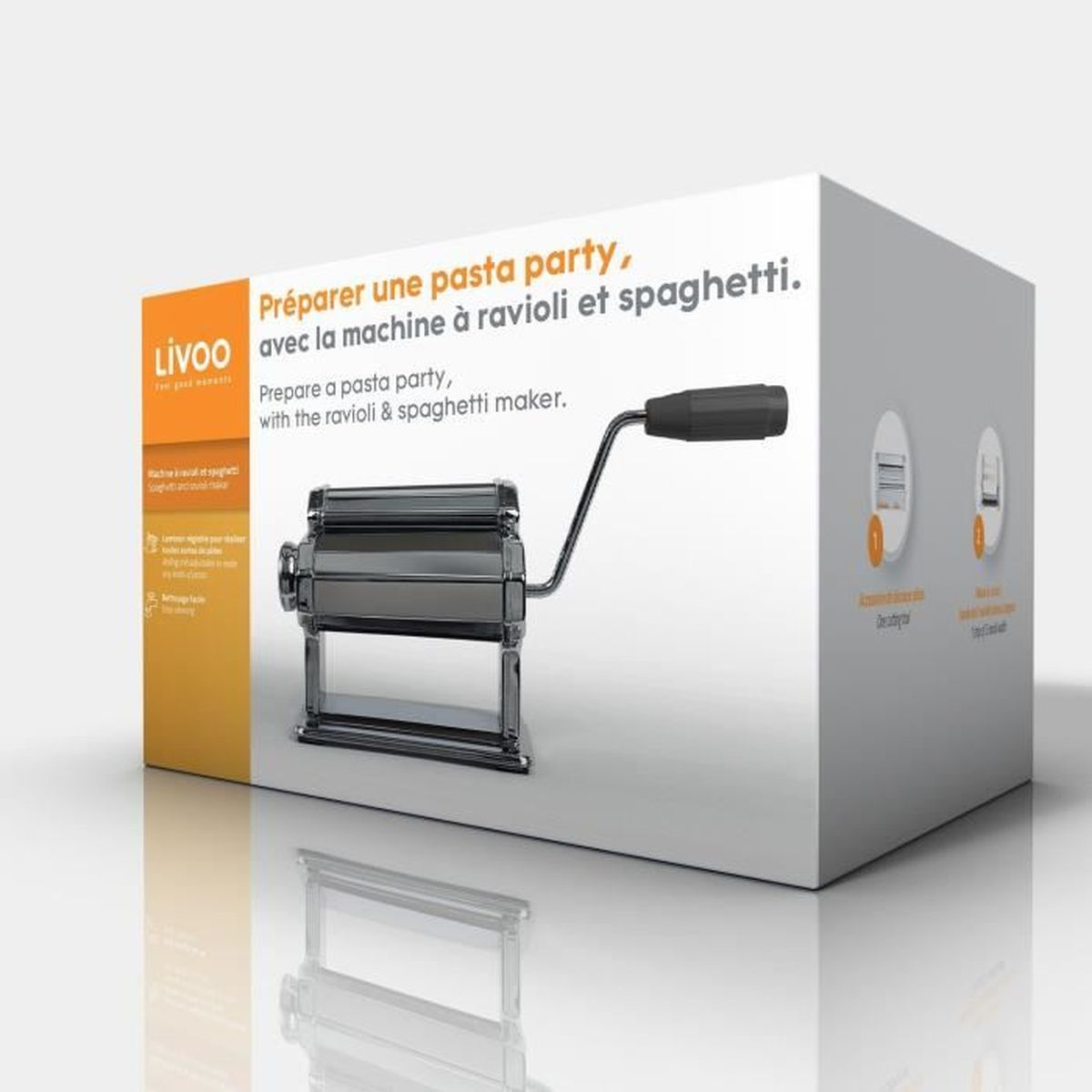 Srebrna maszynka do makaronu z korbą na białym pudełku z tekstem.