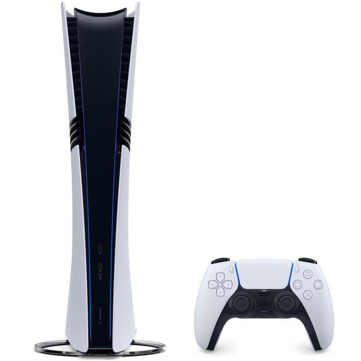 Eine weiße Spielkonsole und ein weißer Controller auf weißem Hintergrund.